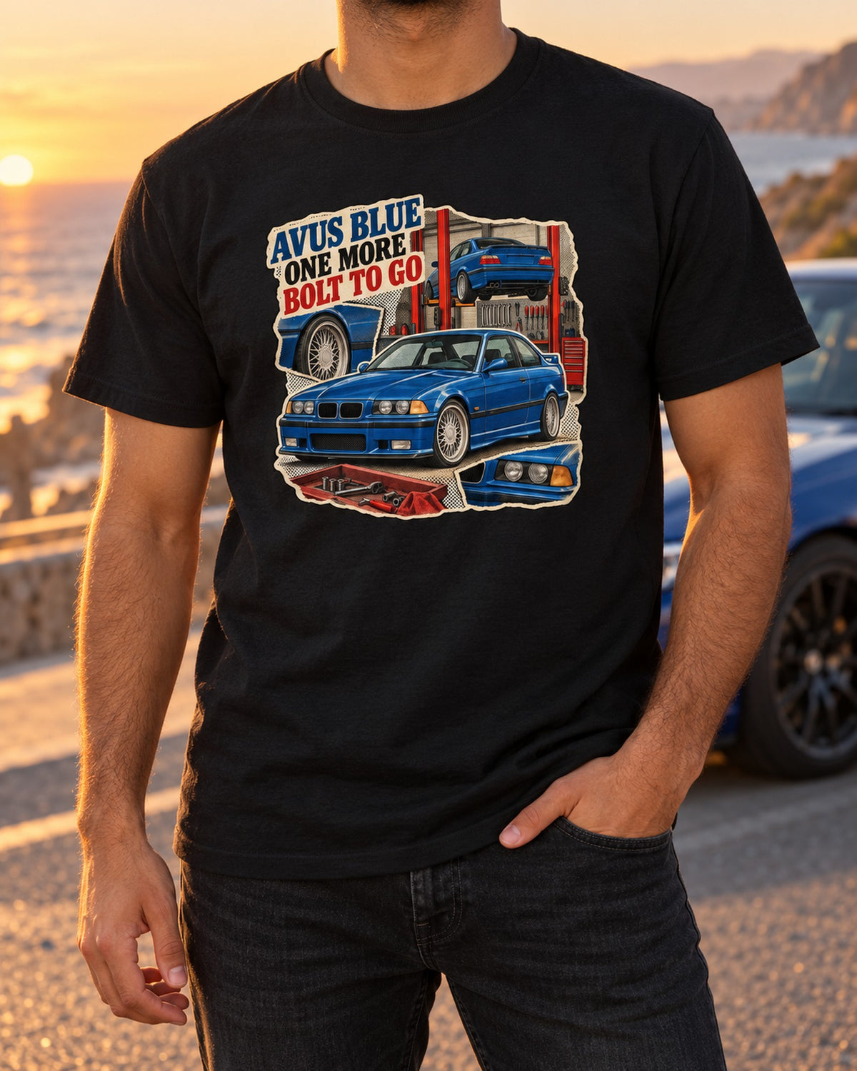 BMW E36 M3 Avus Blue Magazine Collage Shirt T-Shirt Black worn hero