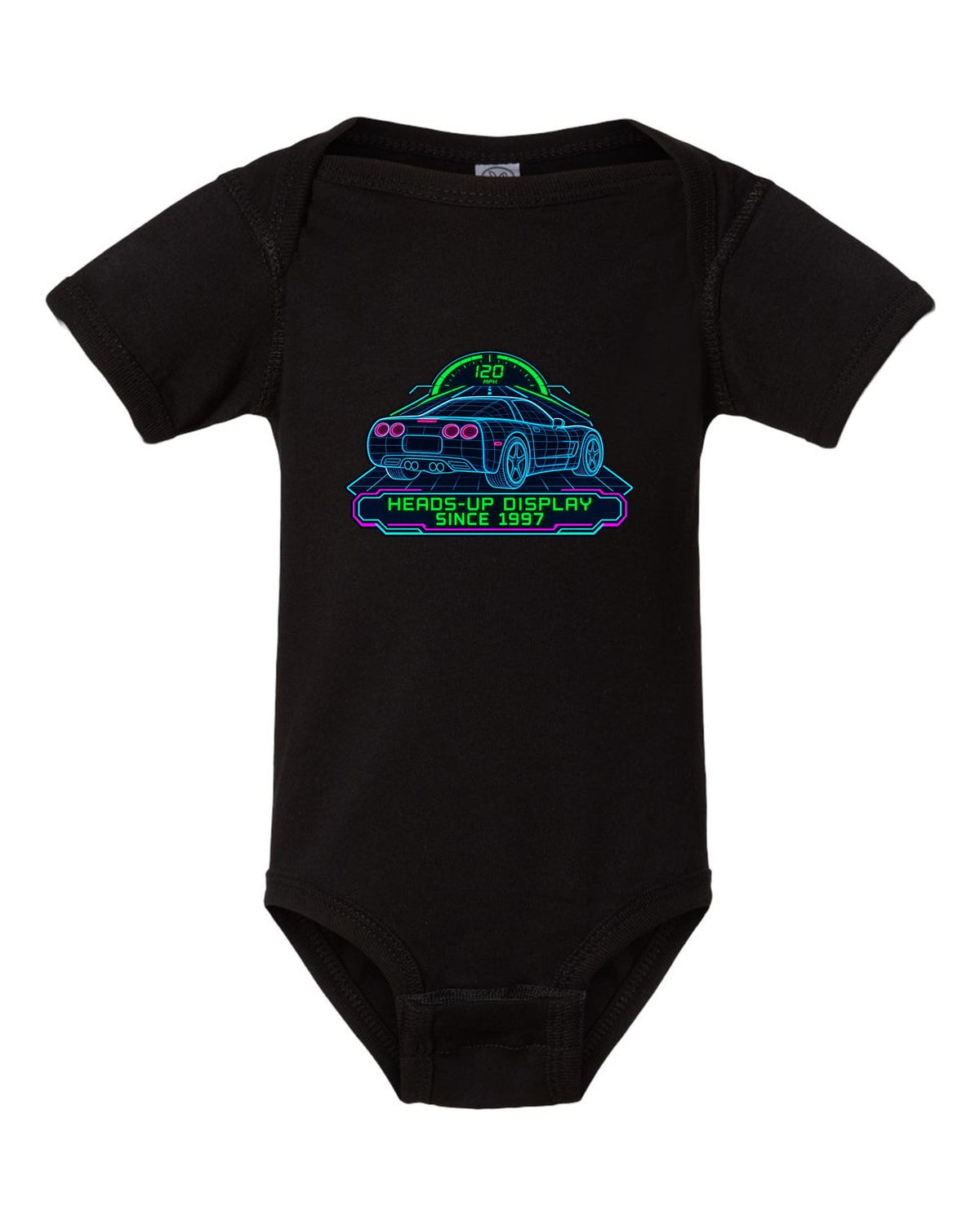Hand-drawn doodle print of a 2020 Chevrolet Corvette C8 Stingray with heads-up display since 1997 lettering black baby onesie front view with the design