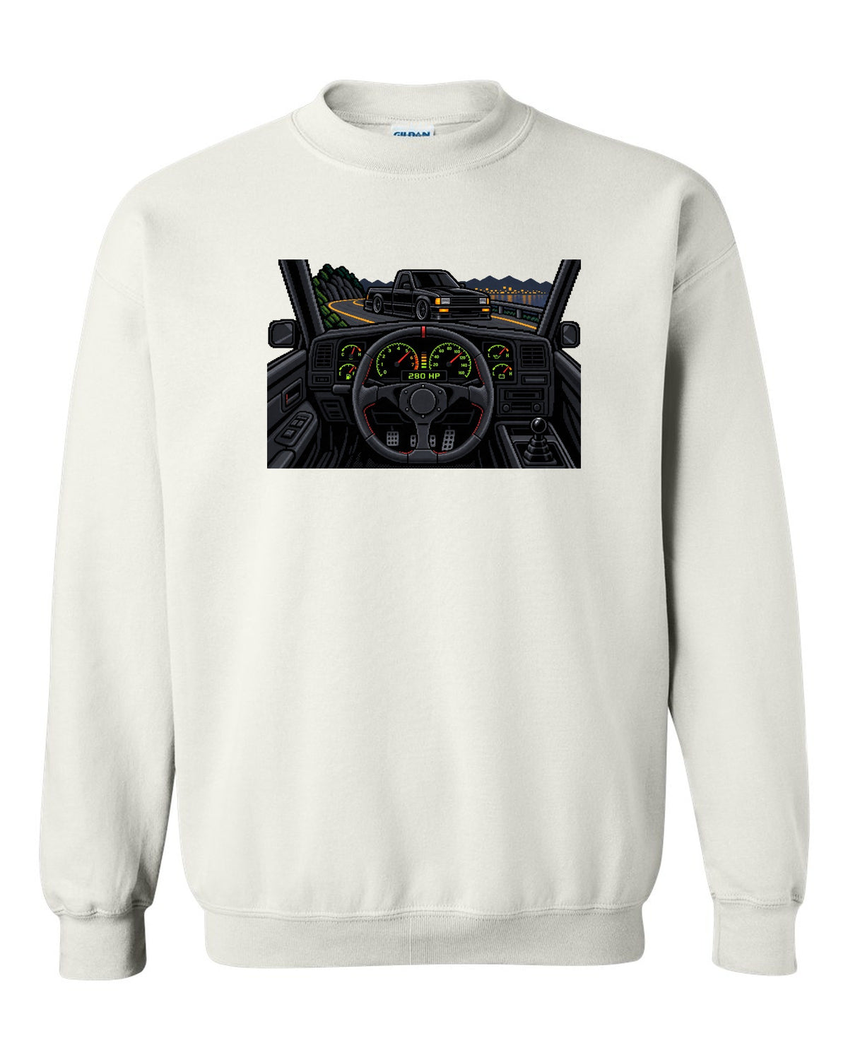 8/16-bit pixel art gauge print of a 1991 GMC Syclone with 280 HP text white crewneck front view with the design