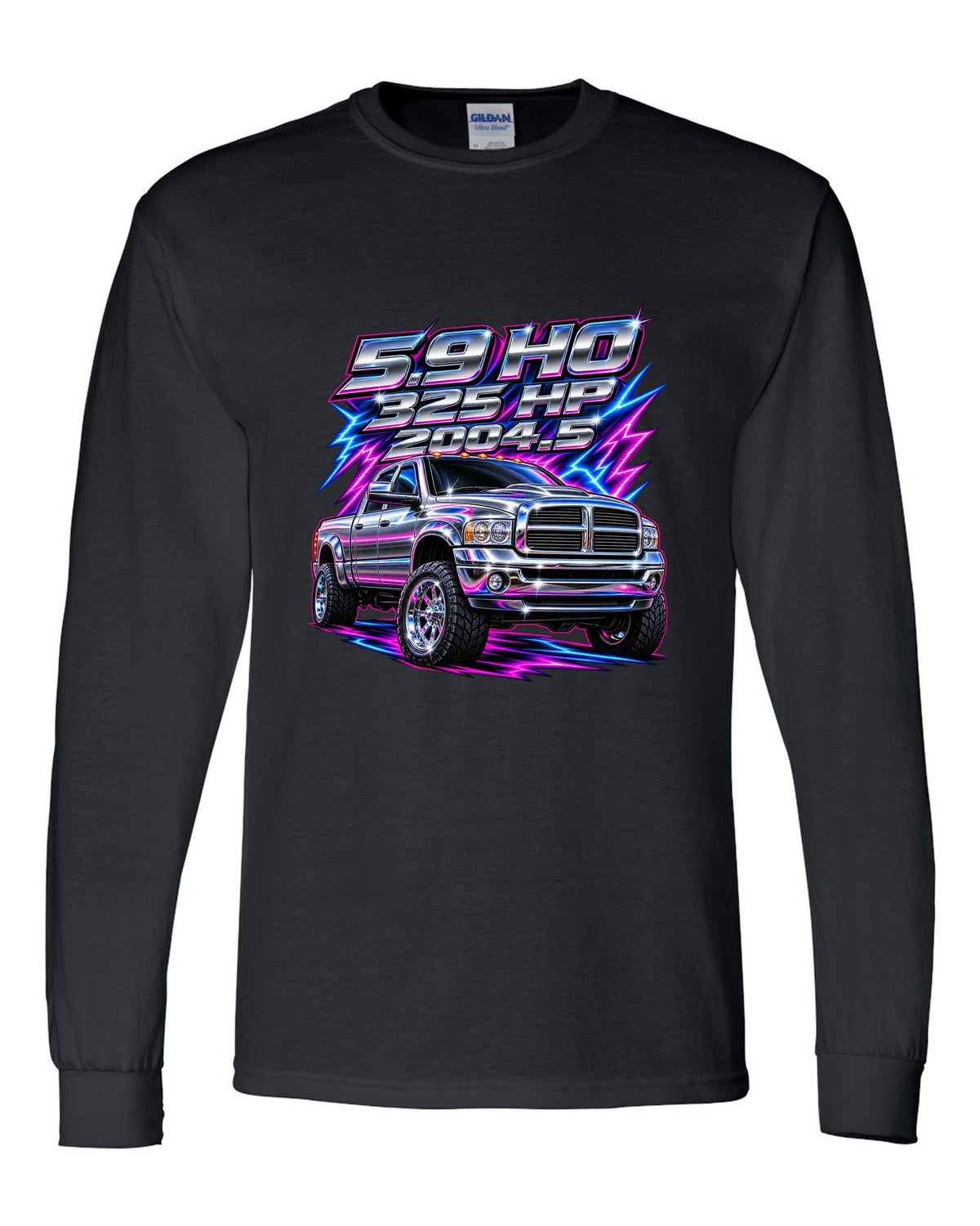 80s chrome airbrush print of a 2003-2009 Dodge Ram 2500 Cummins with 5.9 HO 325 HP 2004.5 text black long sleeve front view with the design