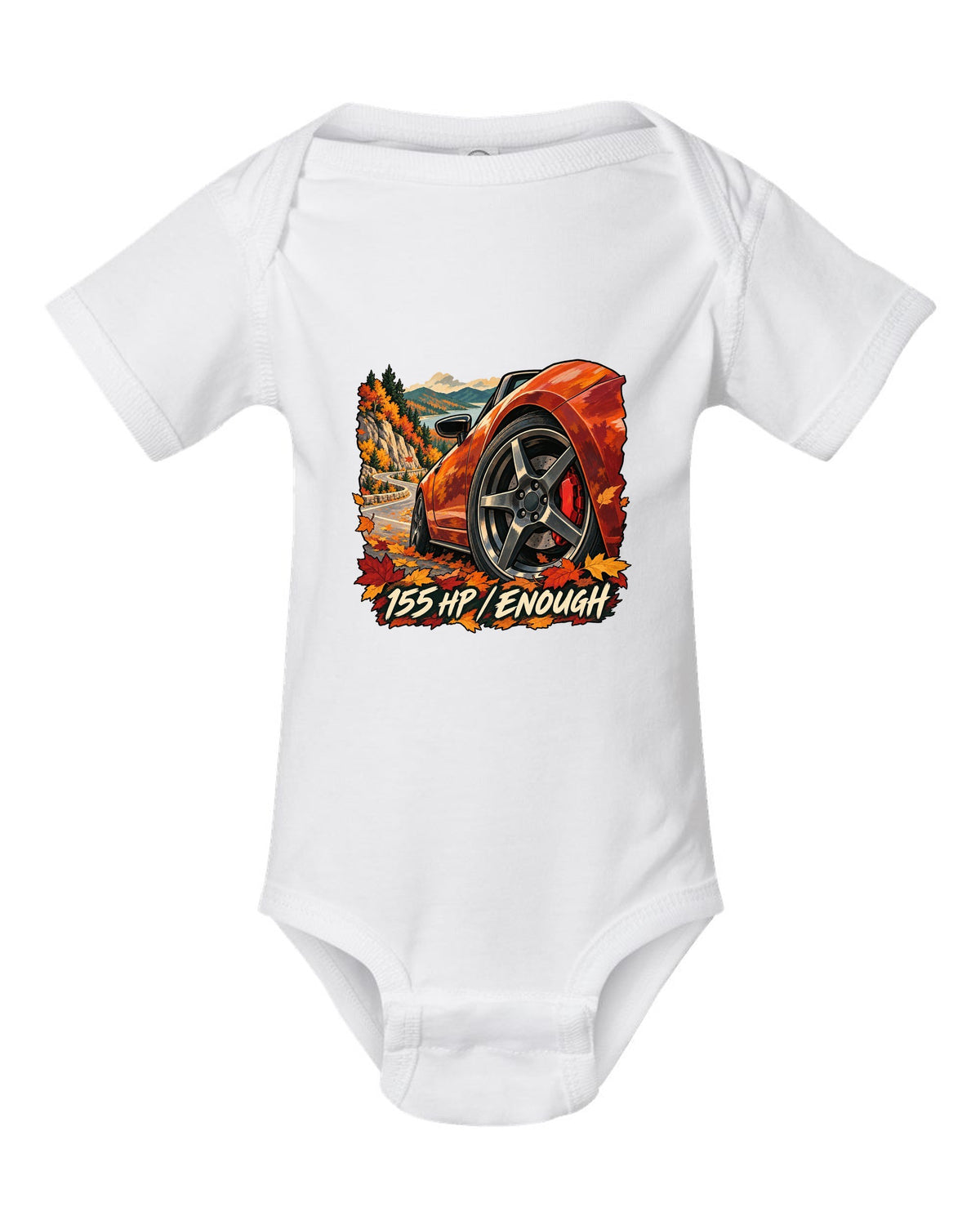 Painterly gouache illustration of a Mazda MX-5 ND on an autumn road with 155 HP / ENOUGH lettering white baby onesie front view with the design