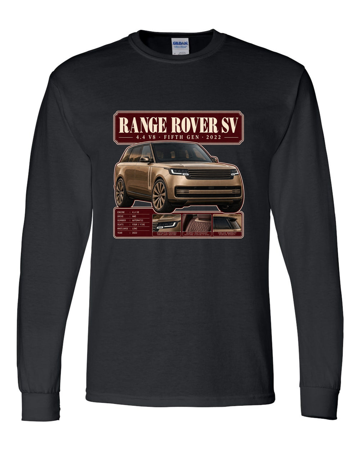 Archive panel print of the Range Rover SV L460 with 4.4 V8 and fifth generation black long sleeve front view with the design