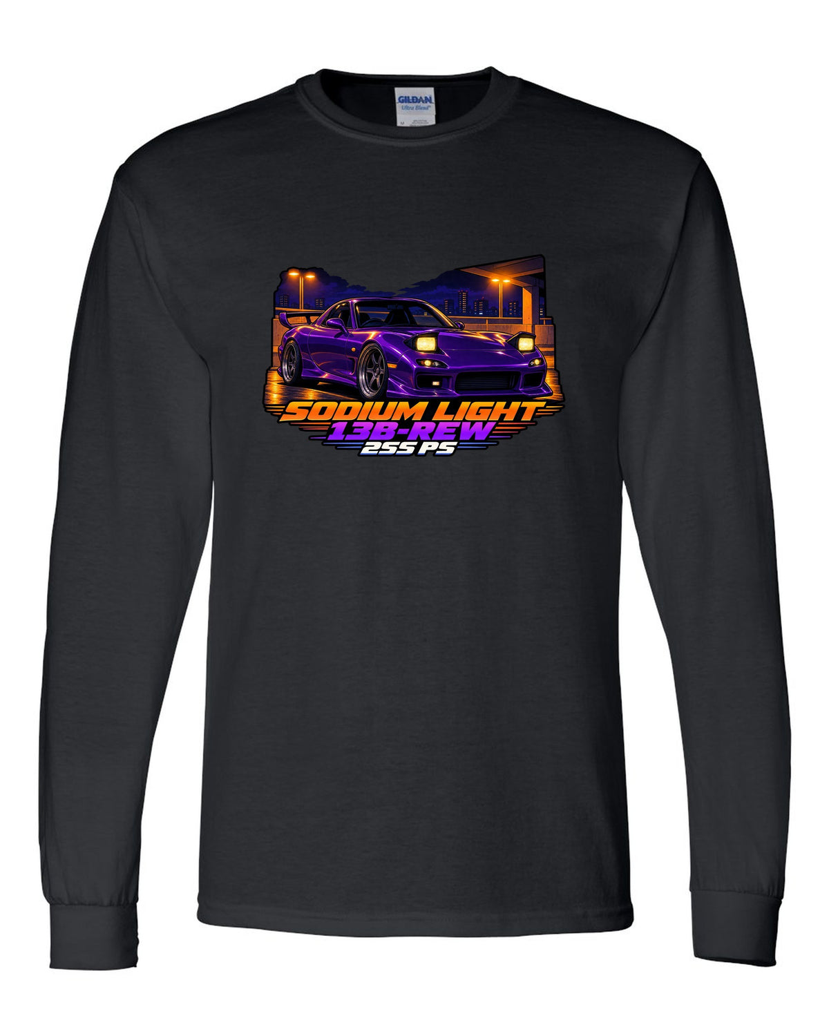Cel-shaded 90s anime night print of a Mazda RX-7 FD3S with text Sodium Light, 13B-REW, 255 PS black long sleeve front view with the design