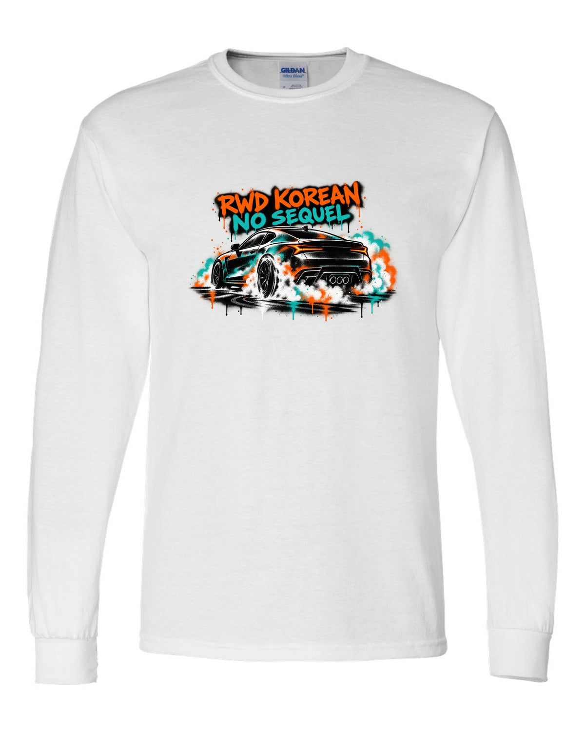 Hyundai Genesis Coupe BK2 stencil spray burnout print with RWD Korean no sequel text white long sleeve front view with the design