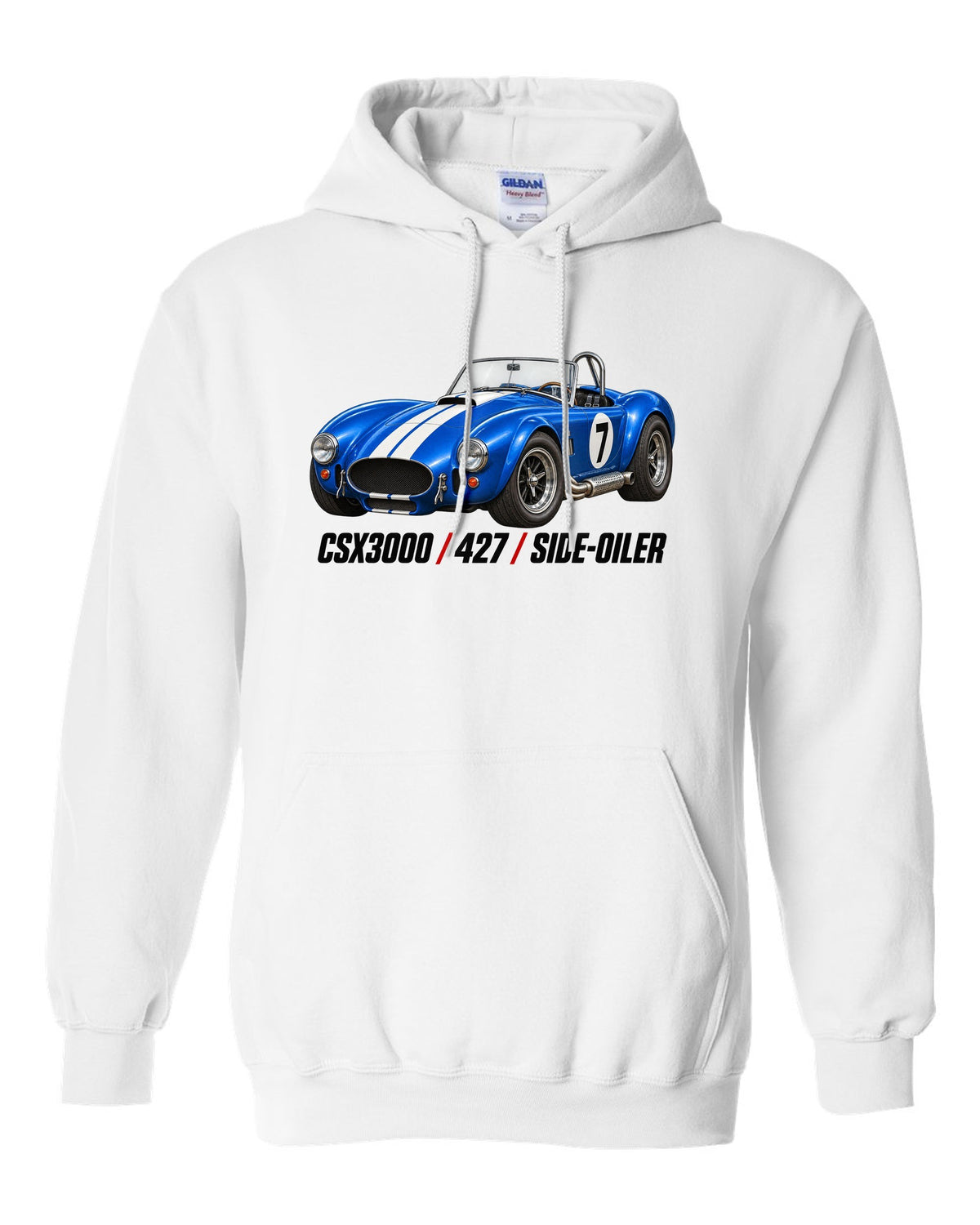 Shelby Cobra 427 CSX3000 Side-Oiler Racing Roundel white pull over hoodie front view with the design