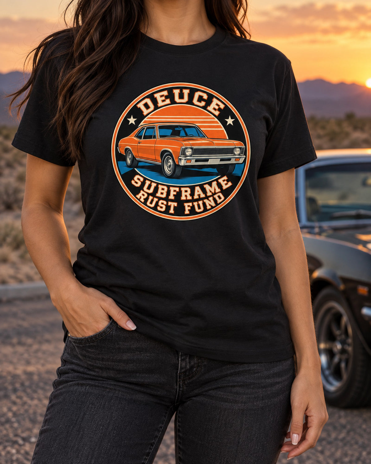 1968 Nova Deuce Subframe Rust Fund Round Crest Shirt T-Shirt Black worn hero