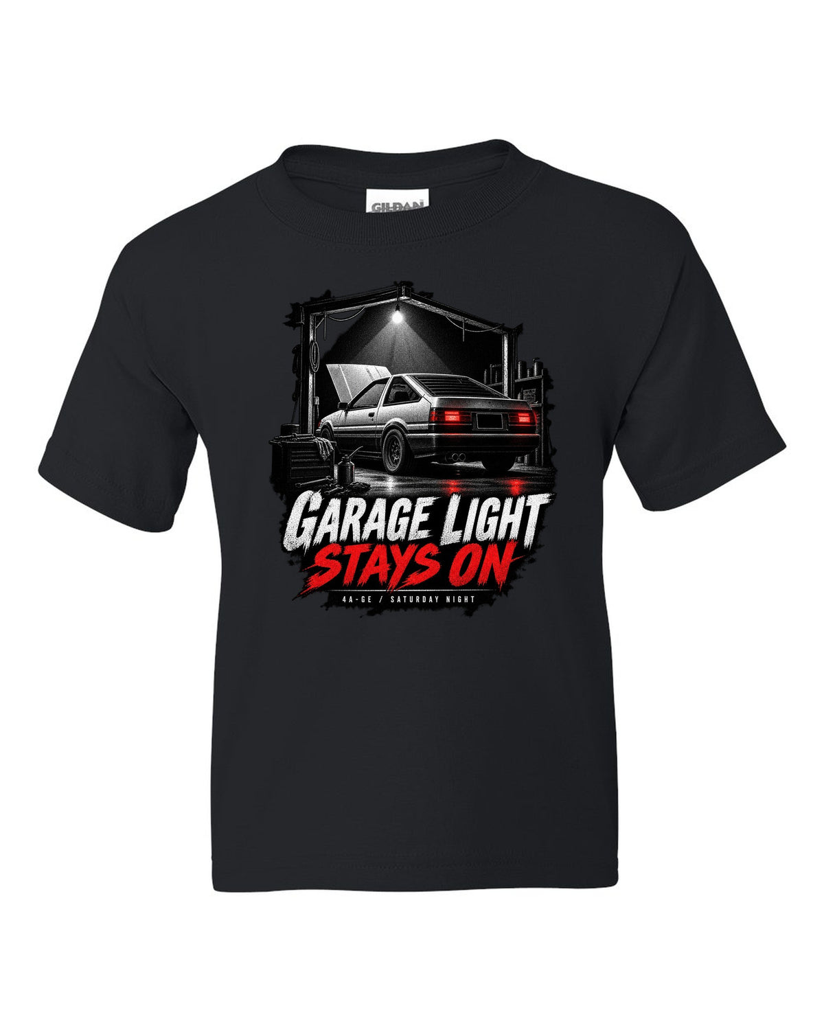 Garage night print of a Toyota AE86 Sprinter Trueno with 4A-GE lettering black kids tee front view with the design