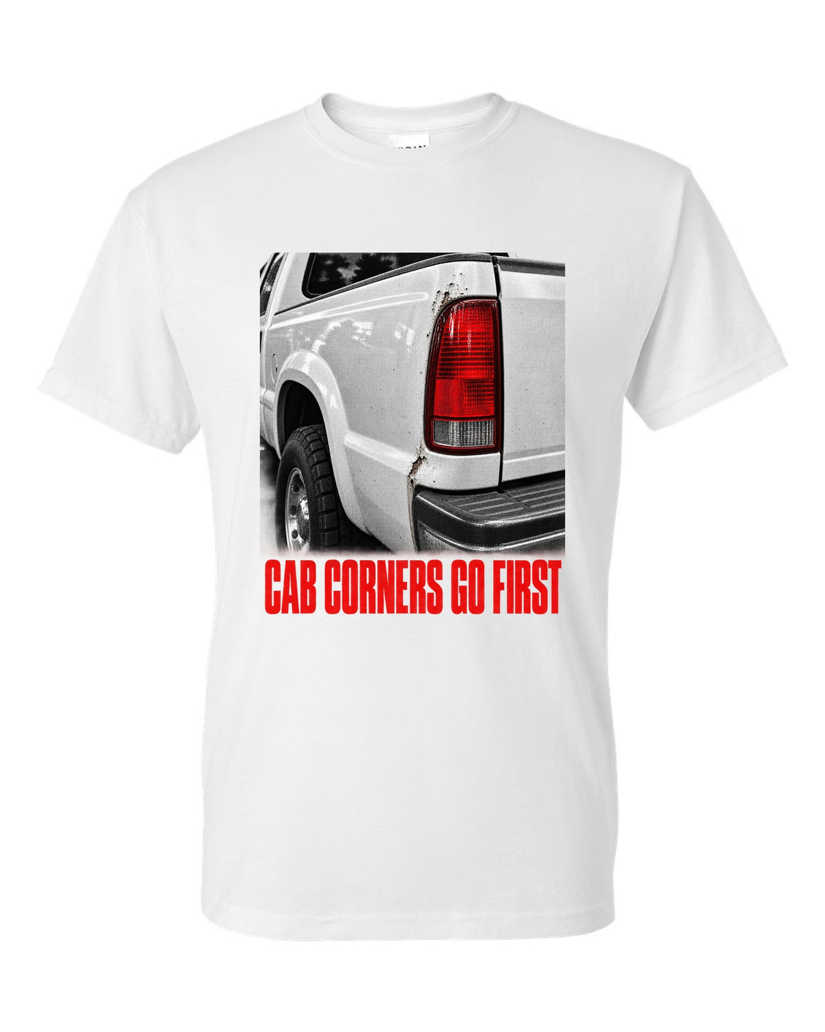 NBS Silverado taillight detail with cab corner rust, print white t-shirt front view with the design