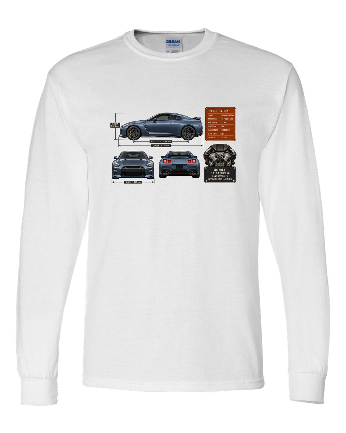 print dimension blueprint of a Nissan GT-R R35 in steel blue white long sleeve front view with the design