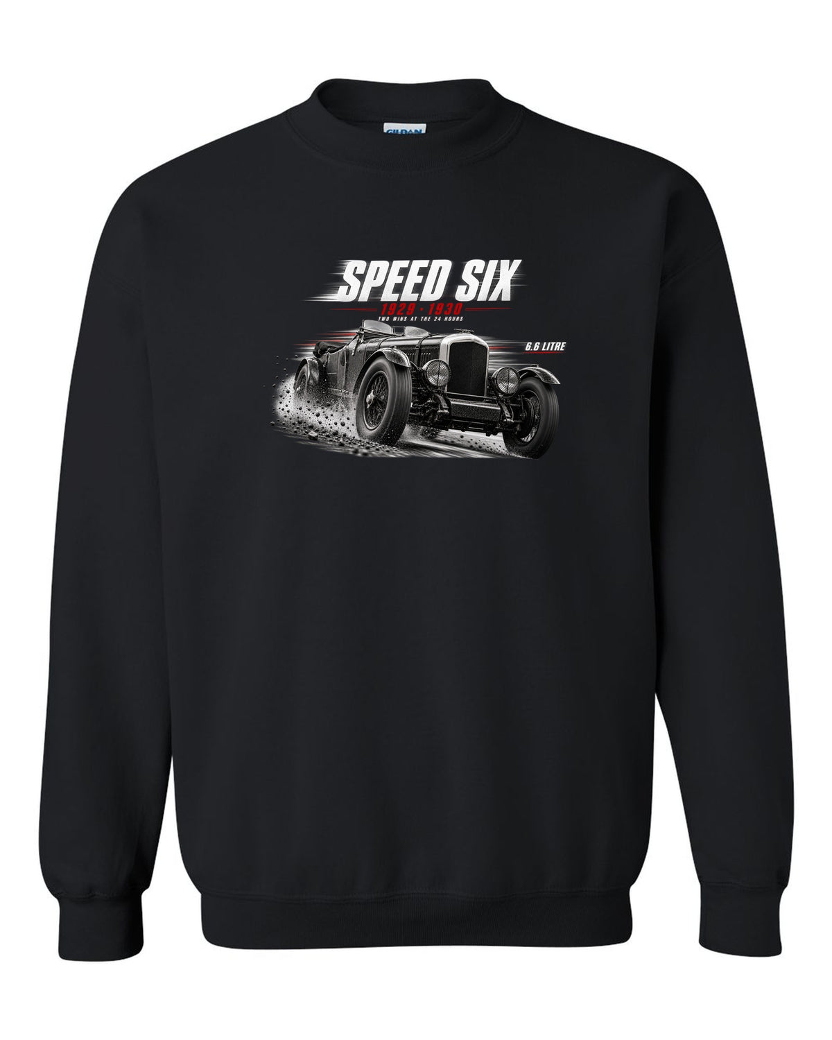 Bentley Speed Six Le Mans race poster 1929 and 1930 black crewneck front view with the design