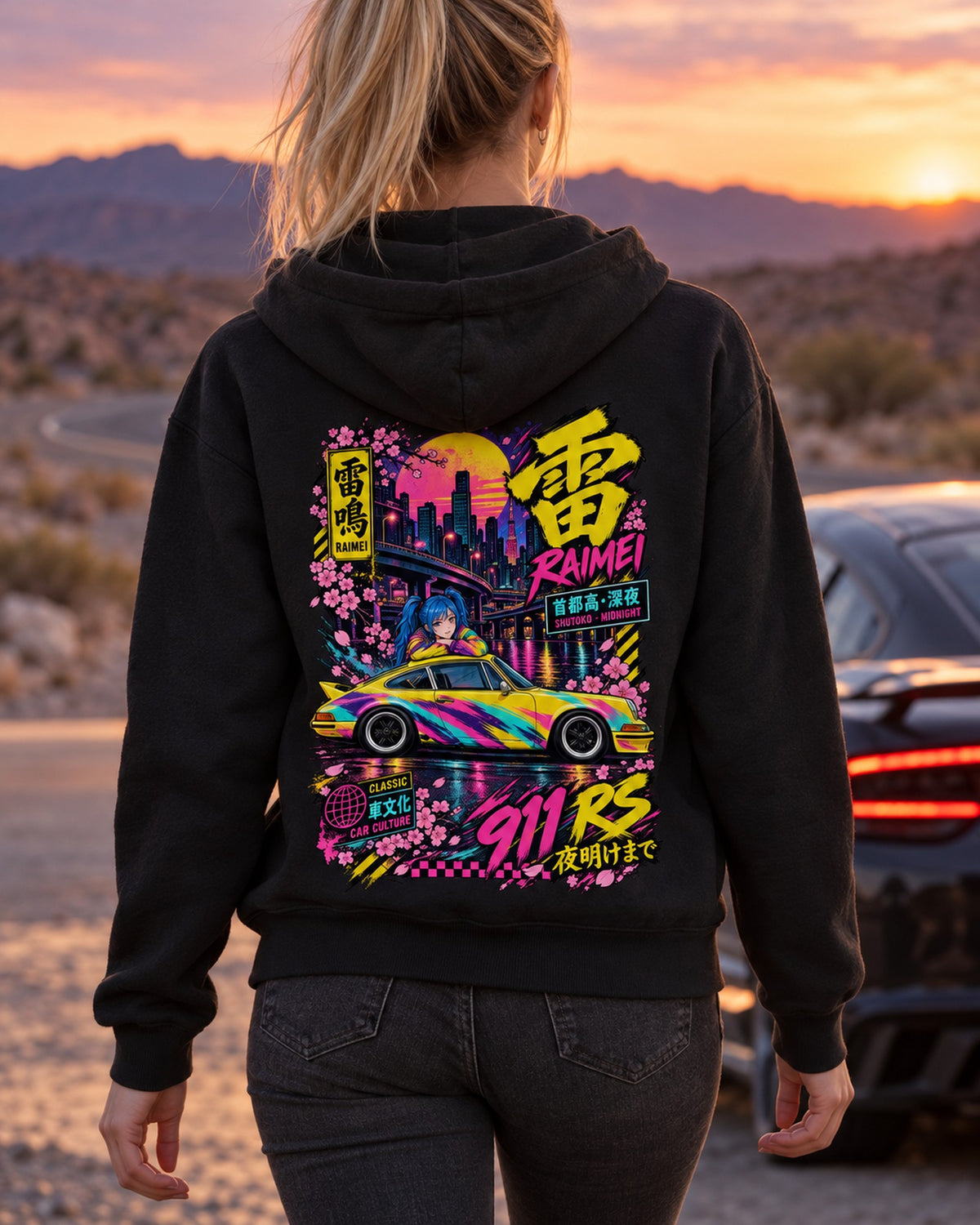 RAIMEI 911 RS Anime Girl Full-Back Graphic Tee Zip Hoodie Black worn hero