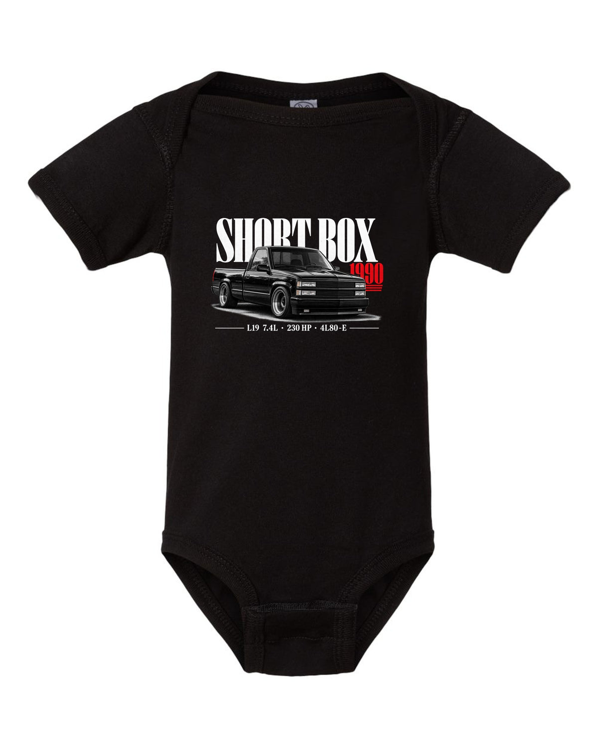 1990 Chevy 454 SS short box pickup editorial print black baby onesie front view with the design