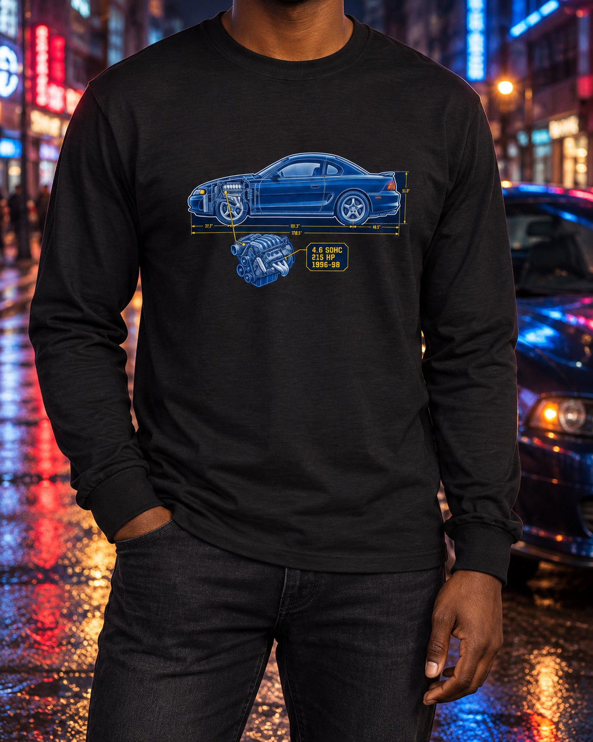 Ford Mustang SN95 Coupe Cyanotype Draft Shirt, 1996-98 4.6 Long Sleeve Black worn hero