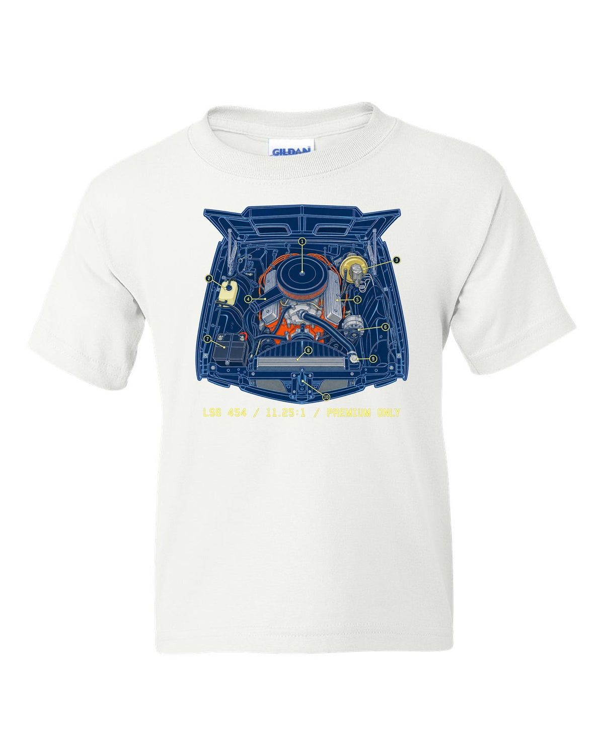 Blueprint line art print of a 1970 Chevelle SS 454 engine bay with the text LS6 454, 11.25:1, Premium Only white kids tee front view with the design