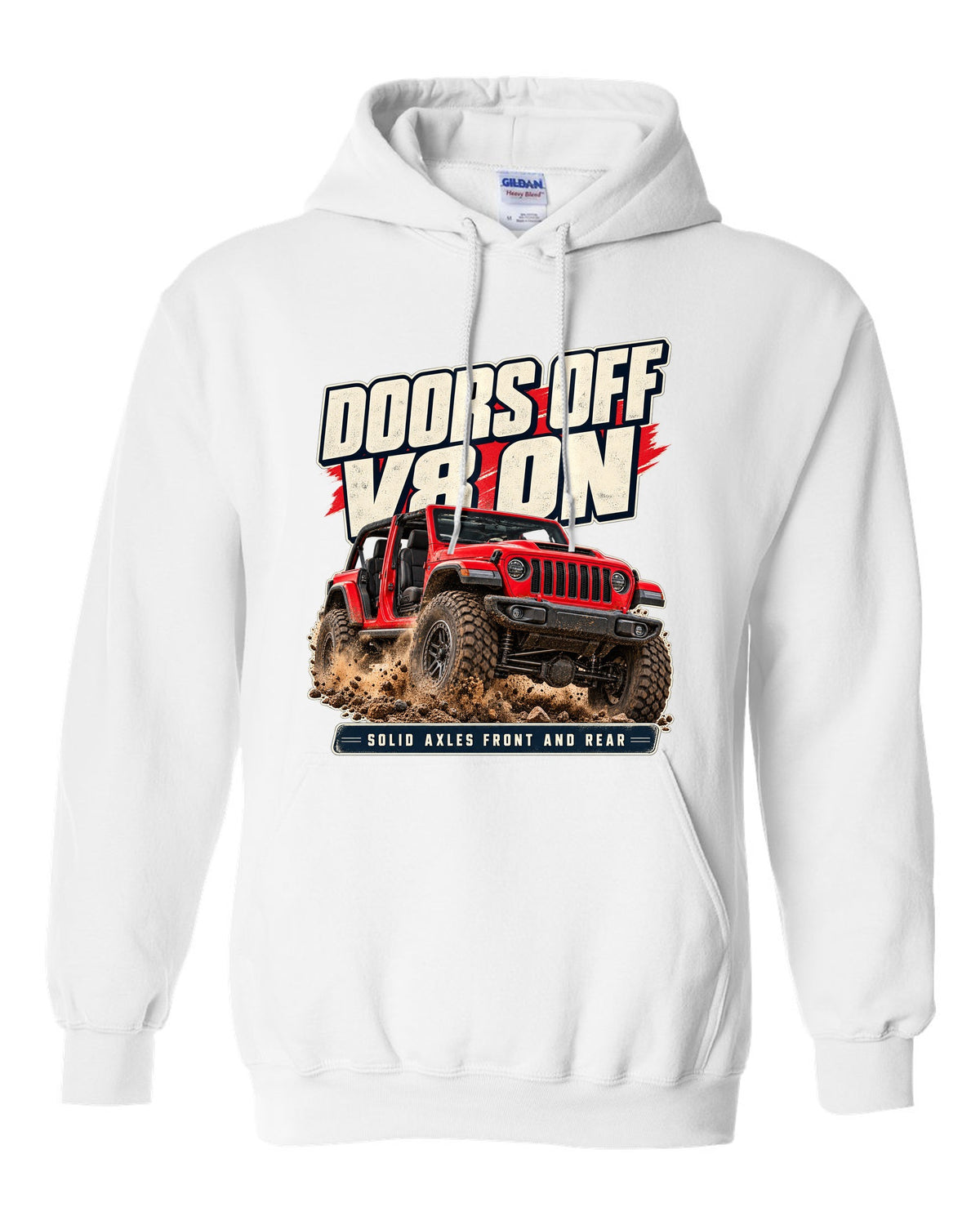 Editorial headline print for the Jeep Rubicon 392 about doors off and a V8 white pull over hoodie front view with the design