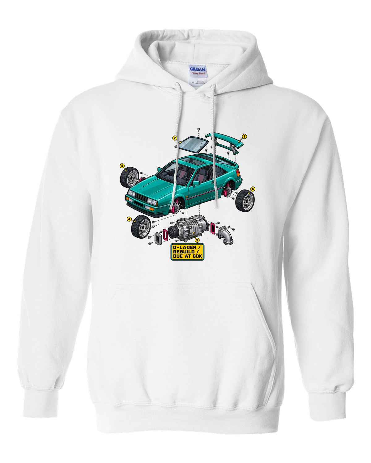Exploded cutaway engine illustration of a VW Corrado G60 with G-Lader rebuild due at 60K text white pull over hoodie front view with the design