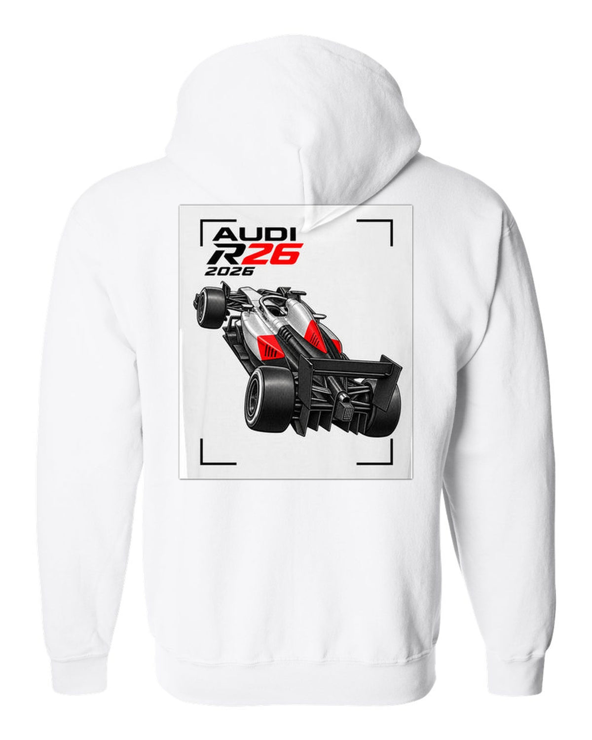 Audi R26 2026 F1 car technical poster artwork white zip hoodie back view with the design