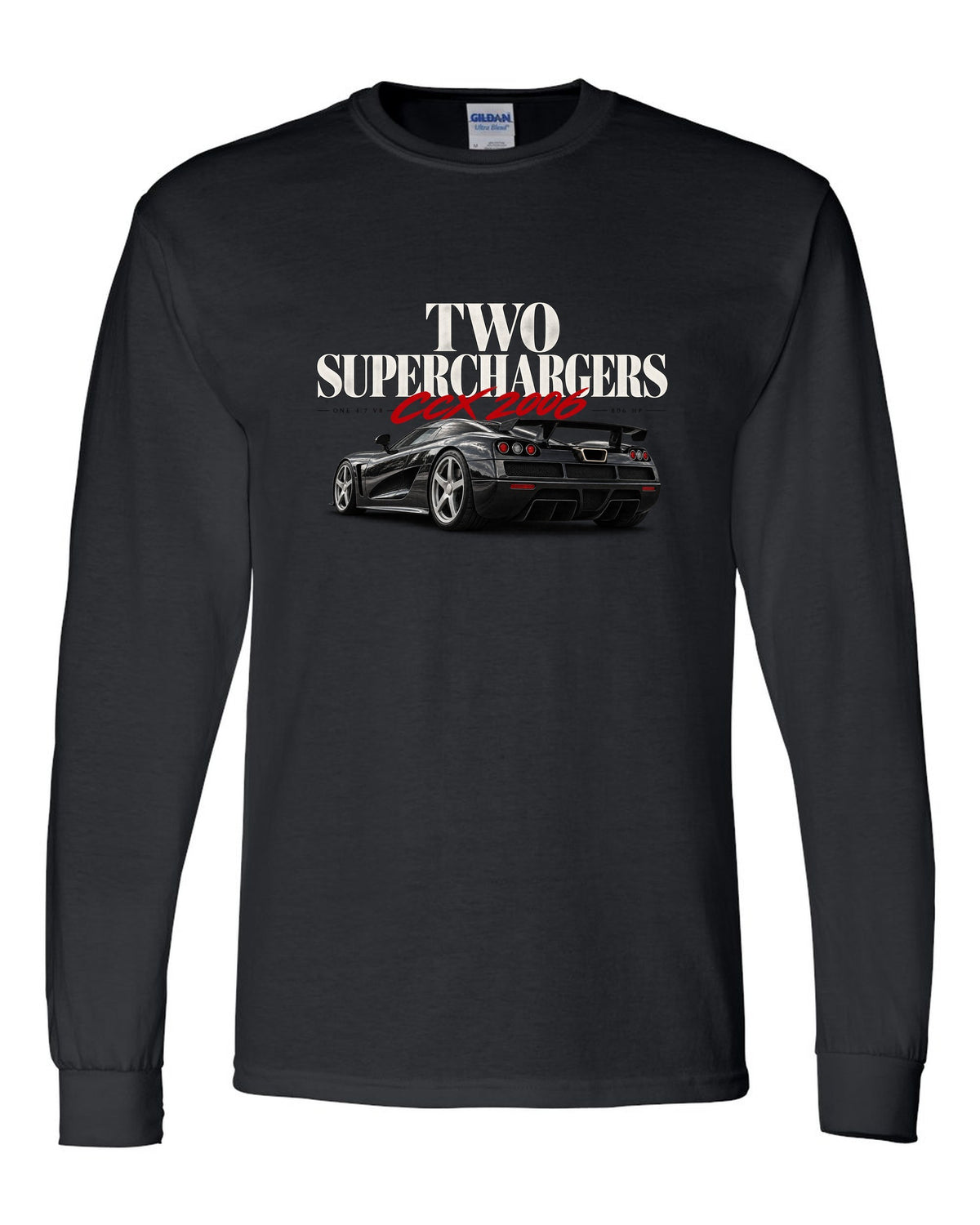 Koenigsegg CCX 2006 editorial headline with two superchargers black long sleeve front view with the design