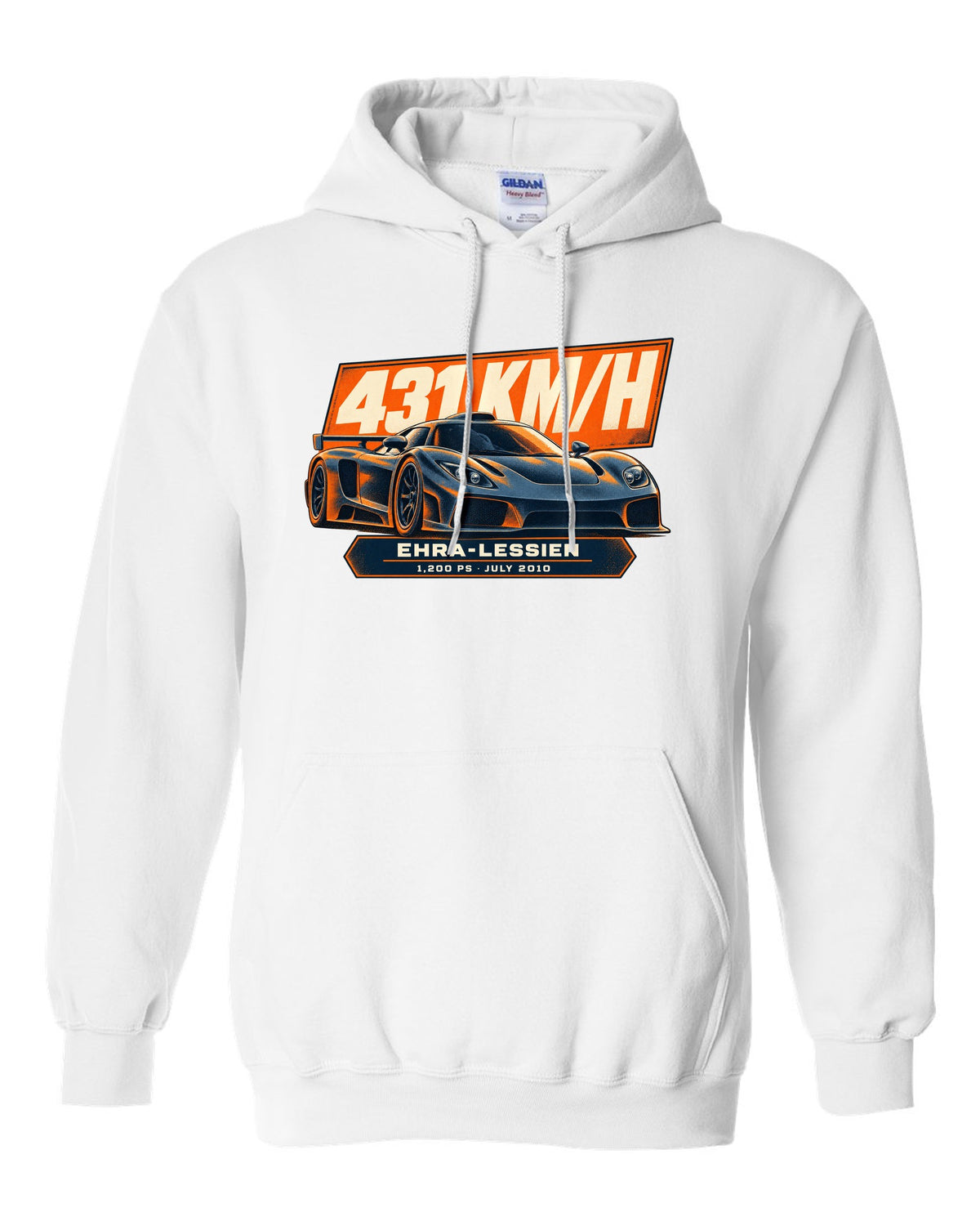 Halftone poster-style Bugatti Veyron 16.4 Super Sport with record-run text on the front of a tee white pull over hoodie front view with the design