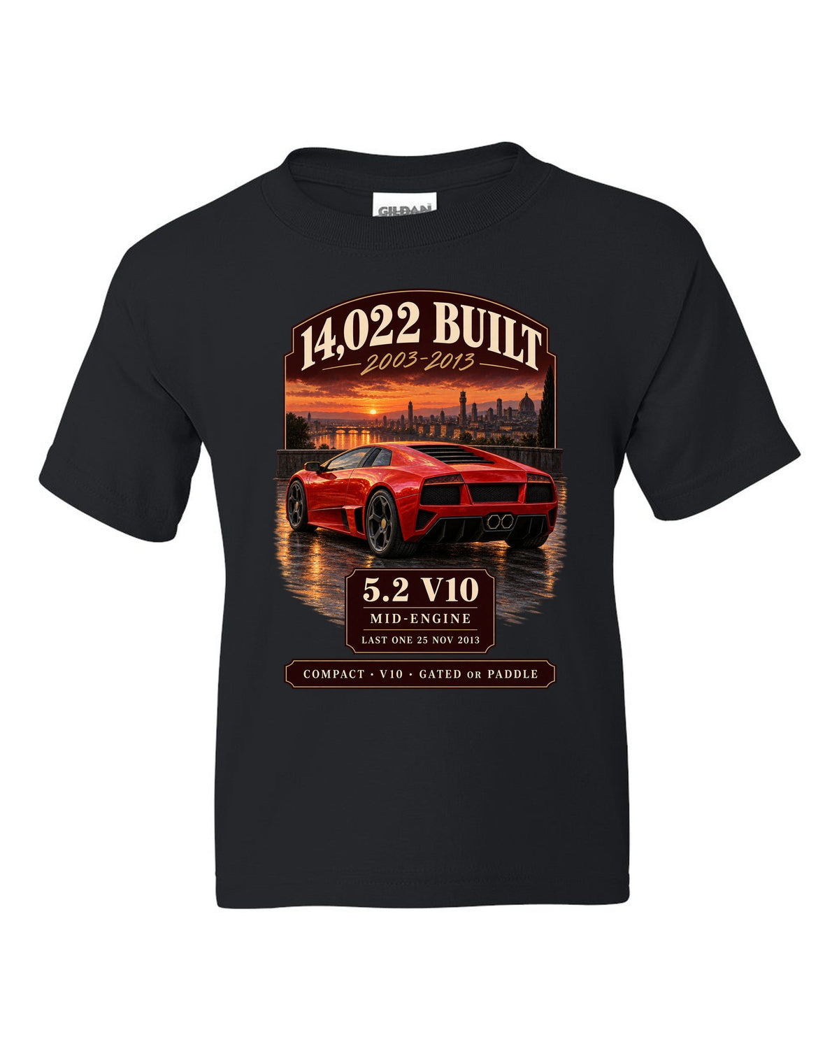 Archive panel print of a Lamborghini Gallardo LP570-4 with 14,022 built and 5.2 V10 text black kids tee front view with the design