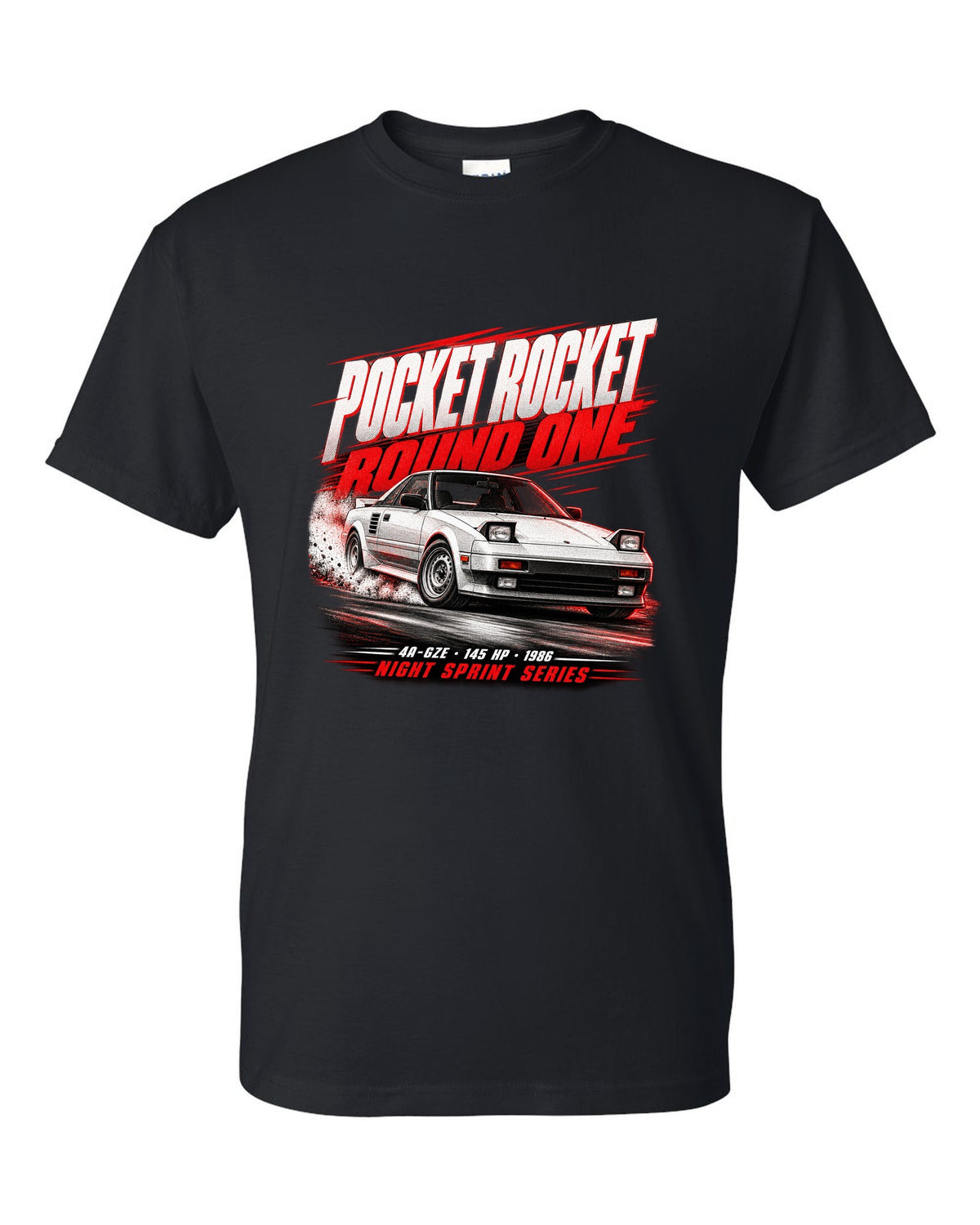 Race poster print of a supercharged Toyota MR2 AW11 with the text Pocket Rocket Round One 4A-GZE black t-shirt front view with the design