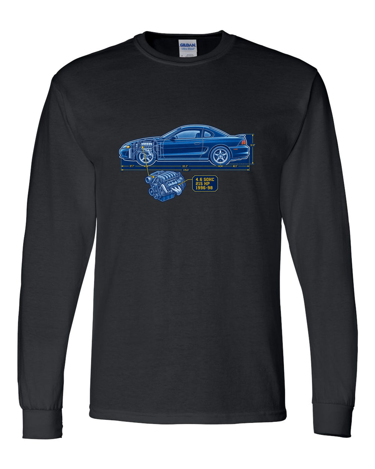 Cyanotype blueprint print of a 1994-98 Ford Mustang SN95 coupe black long sleeve front view with the design