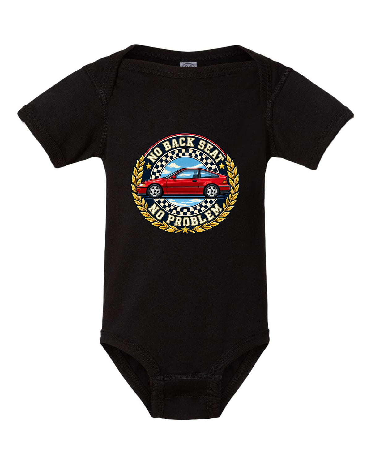 Crest layout print for the Honda CRX EF8 with no back seat text black baby onesie front view with the design