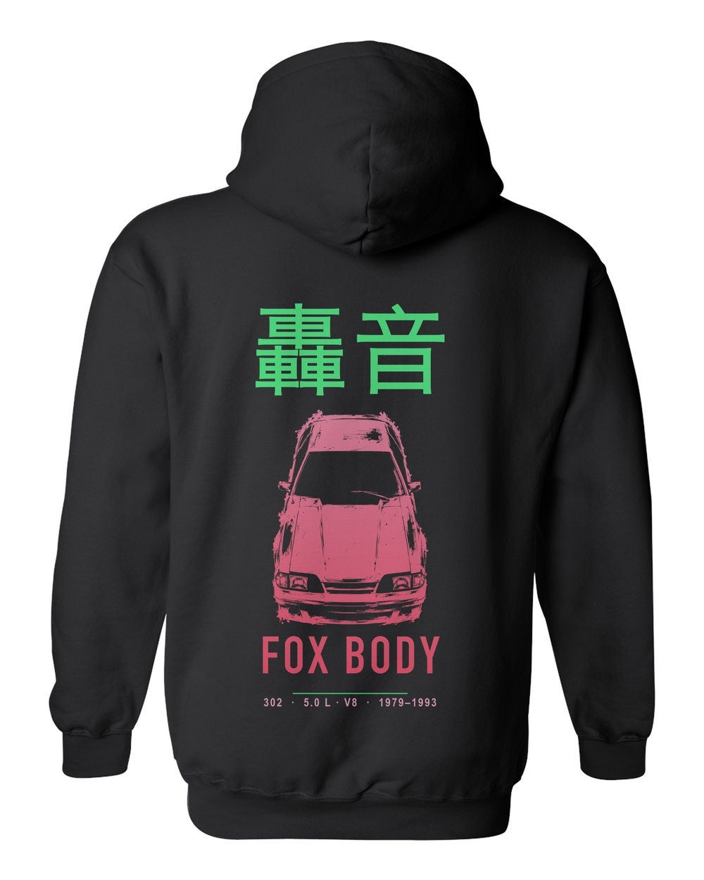 FOX BODY full-back artwork black pull over hoodie back view with the design