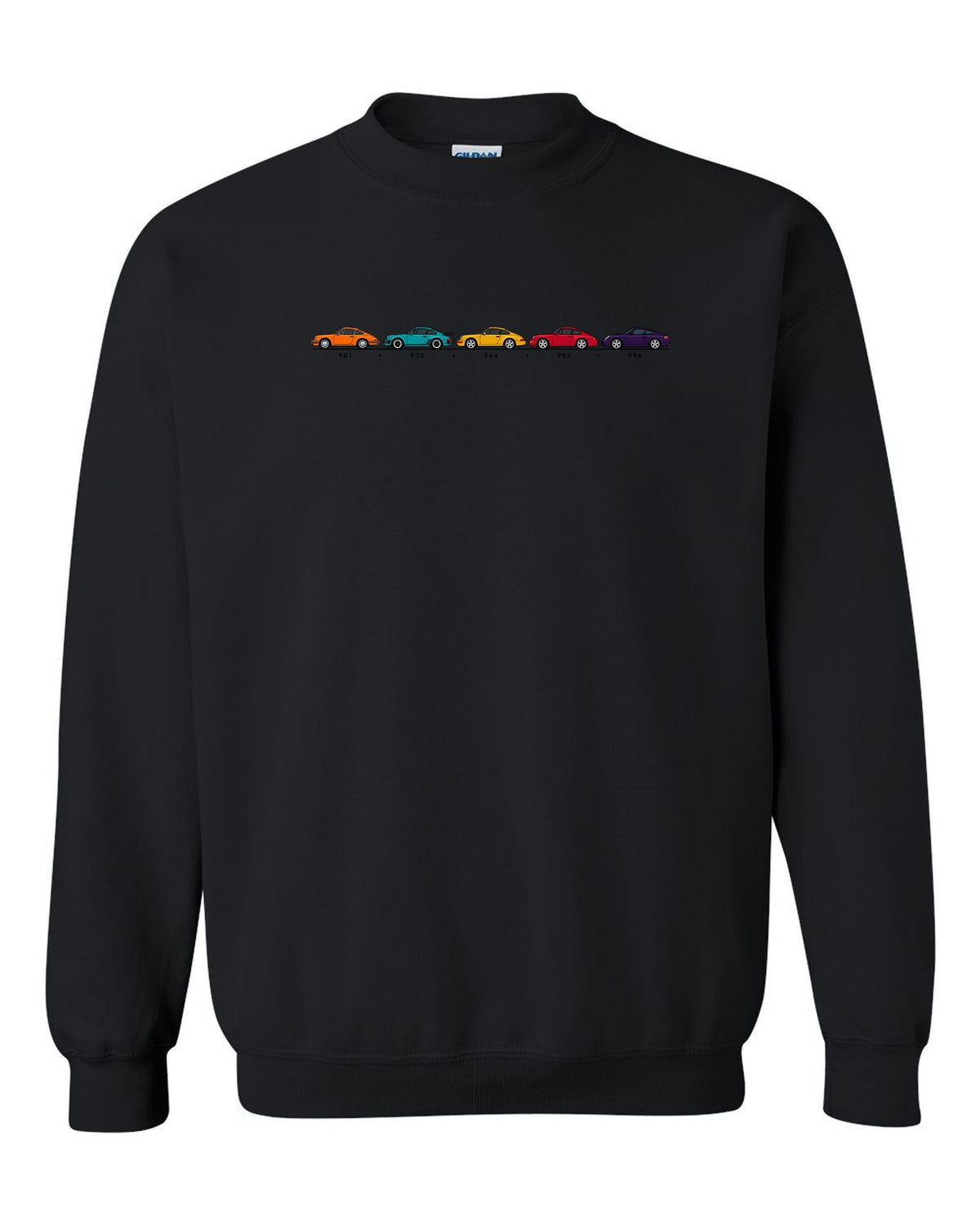 Retro Japanese showa advert style illustration of a 1955 Porsche 356 A Speedster black crewneck front view with the design