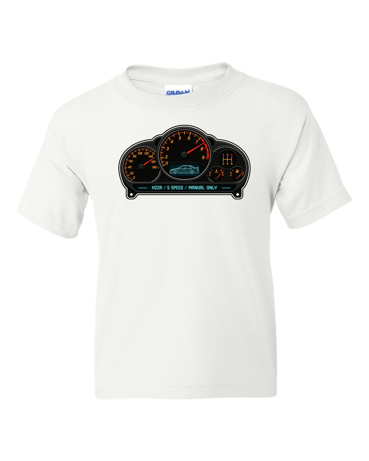 Gauge-cluster HUD design for the Honda Accord Euro R CL1 with H22A text white kids tee front view with the design