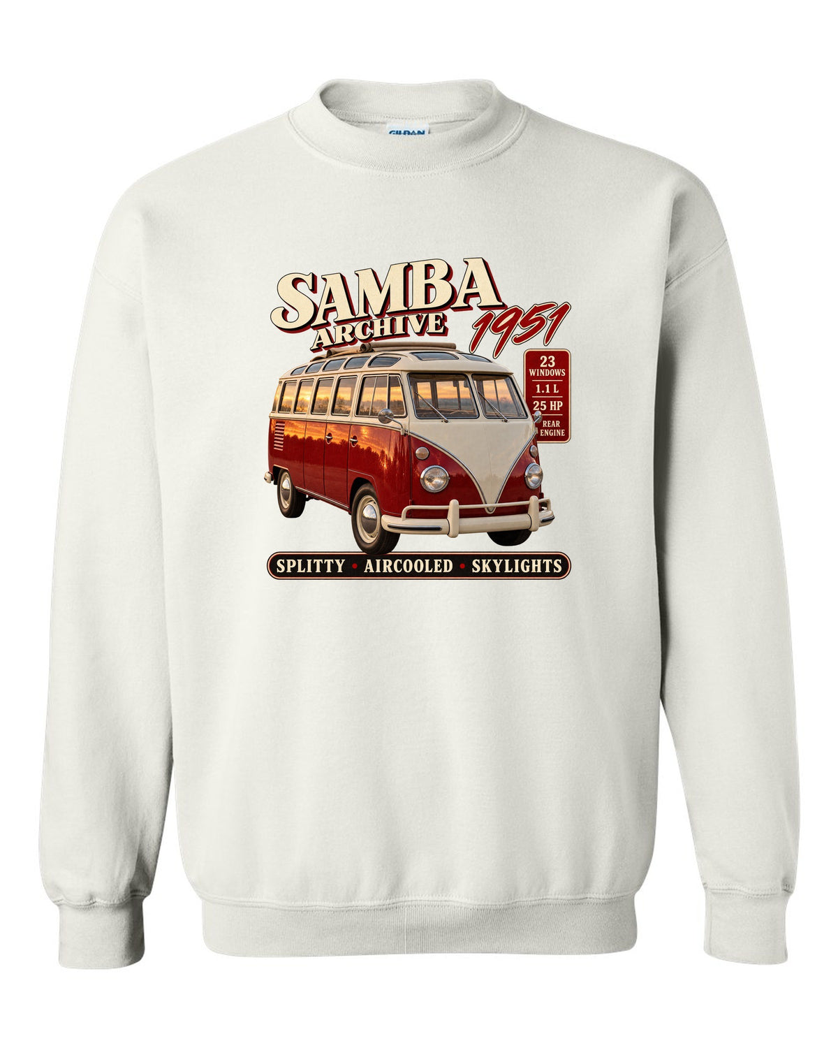 Archive panel print of a VW T1 Samba bus front three-quarter with 23 windows text white crewneck front view with the design