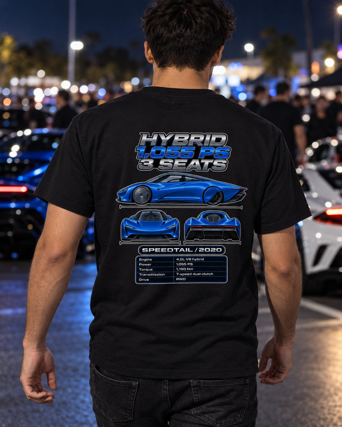 Mclaren Speedtail Spec Sheet Full-Back Graphic Tee T-Shirt Black worn hero