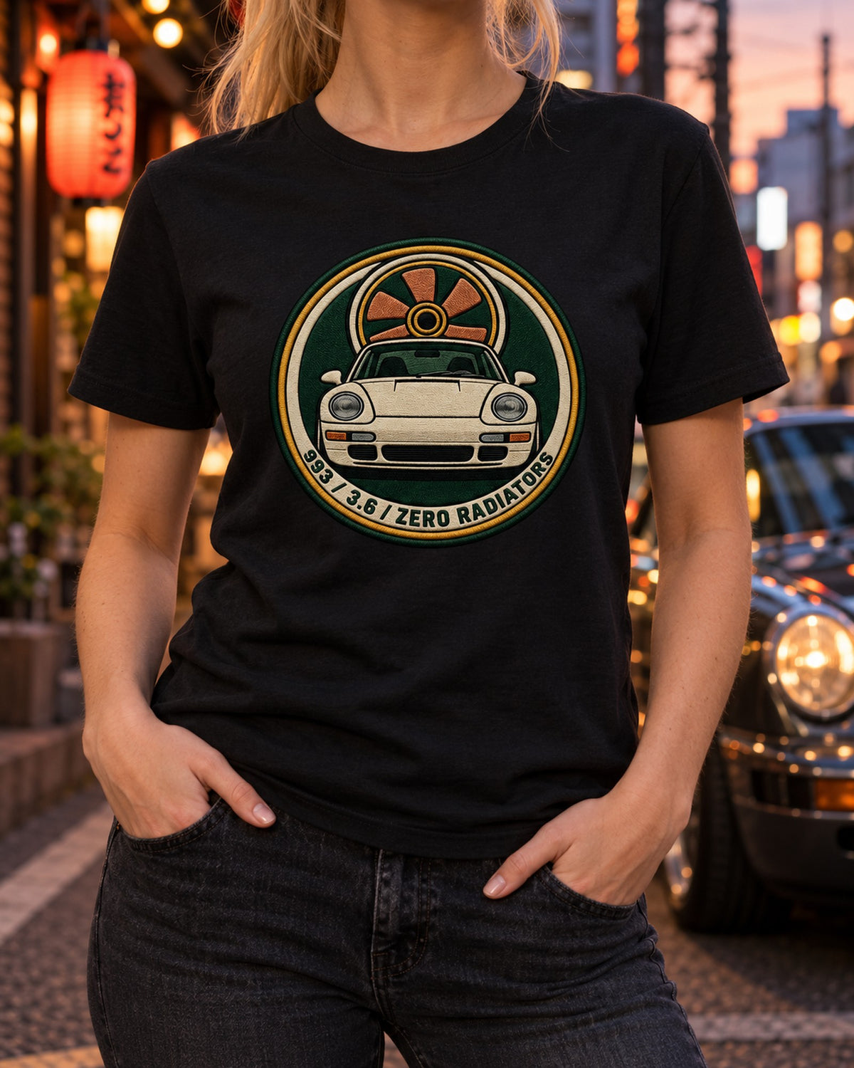 Porsche 993 Air Cooled Round Crest Shirt, Zero Radiators T-Shirt Black worn hero
