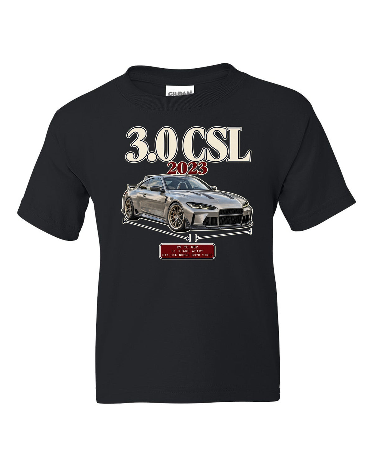 BMW 3.0 CSL E9 to G82 archive panel print black kids tee front view with the design