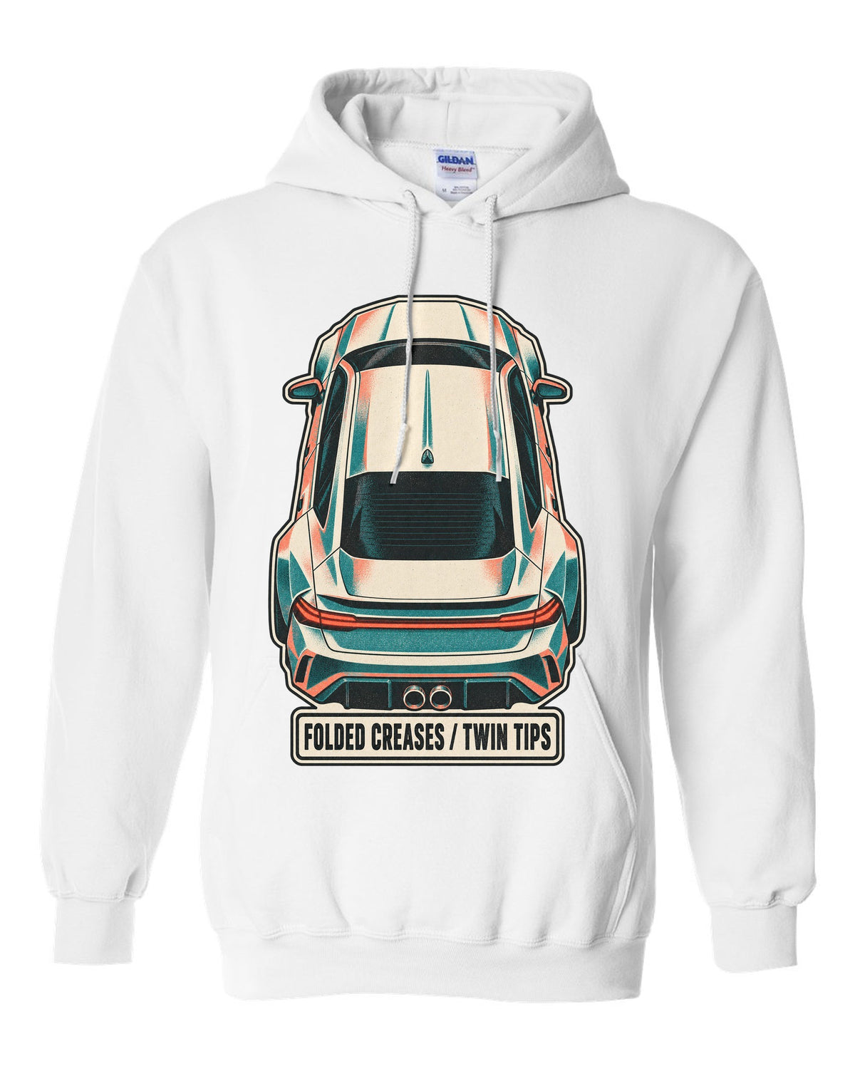 Risograph duotone top-down print of a Hyundai Elantra N CN7 with folded creases and twin tips text white pull over hoodie front view with the design