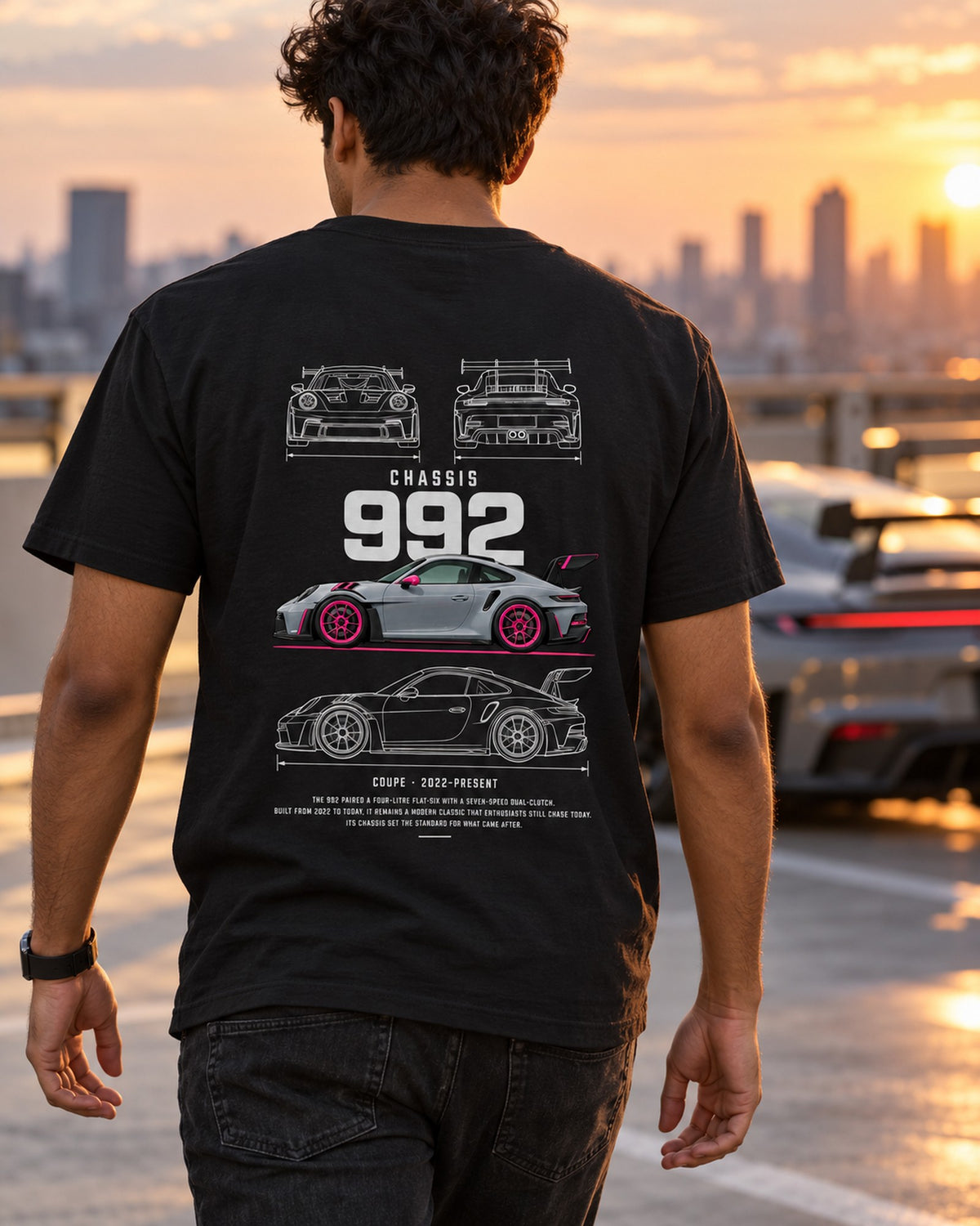 Porsche 992 GT3 RS Blueprint Full-Back Graphic Tee, 992 Chassis Code T-Shirt Black worn hero