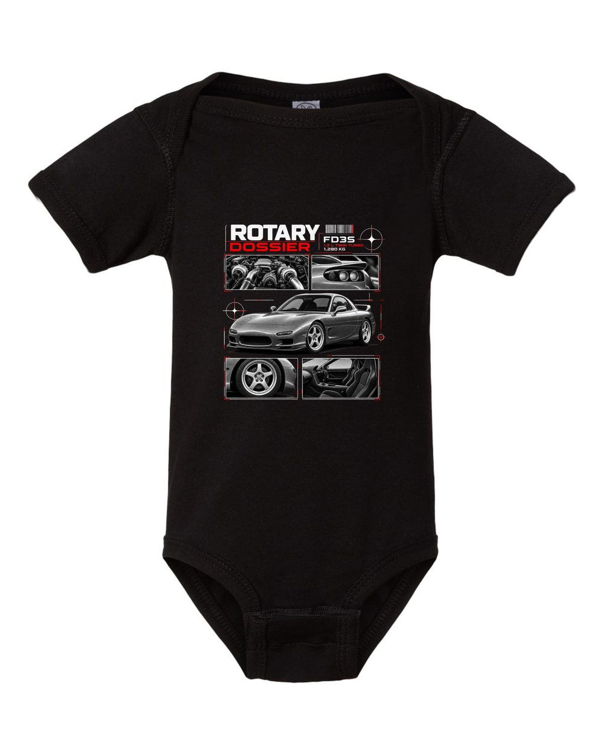 Dossier print of a Mazda RX-7 FD3S front three-quarter with detail panels black baby onesie front view with the design