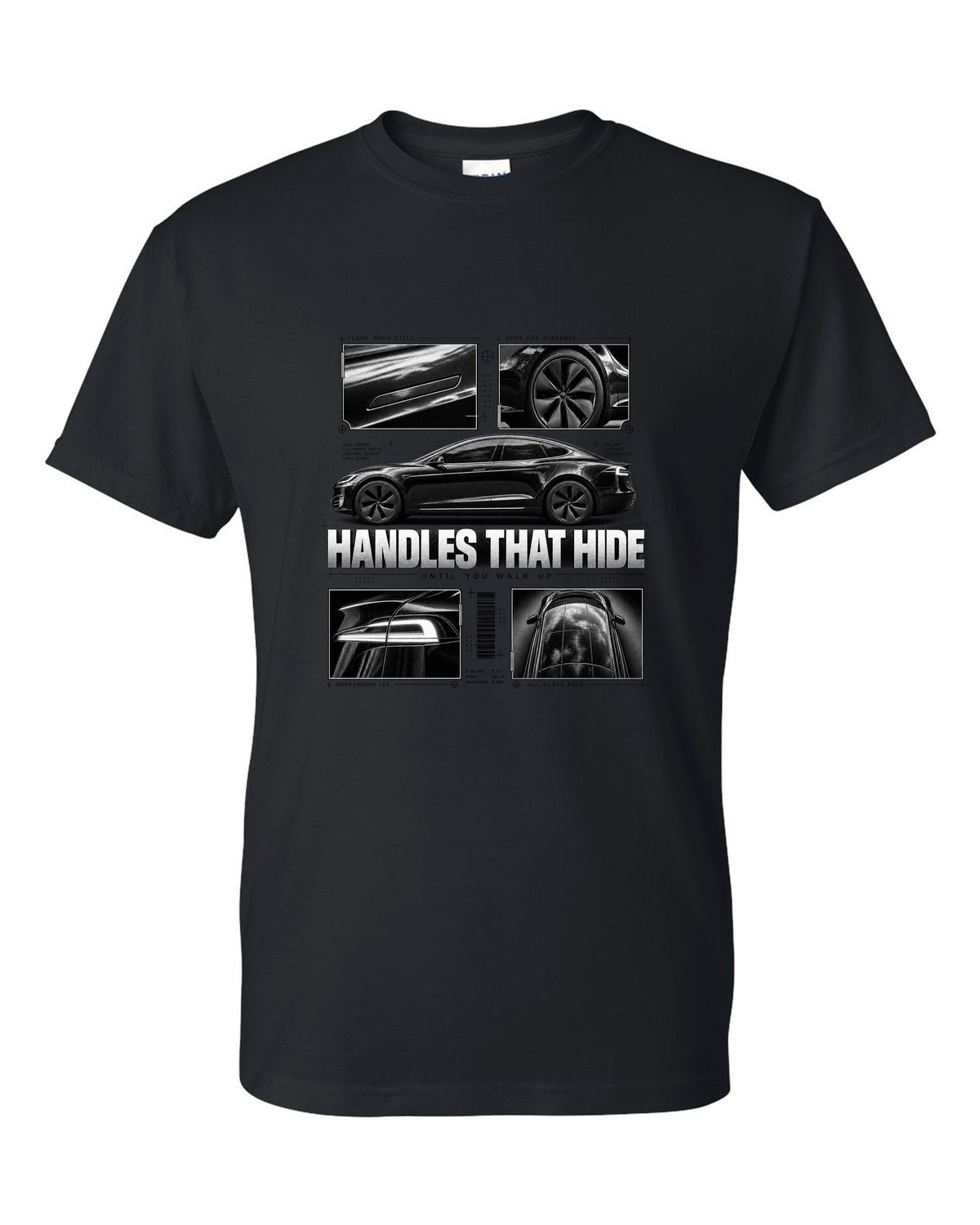 Tesla Model S Raven Side Profile Dossier black t-shirt front view with the design