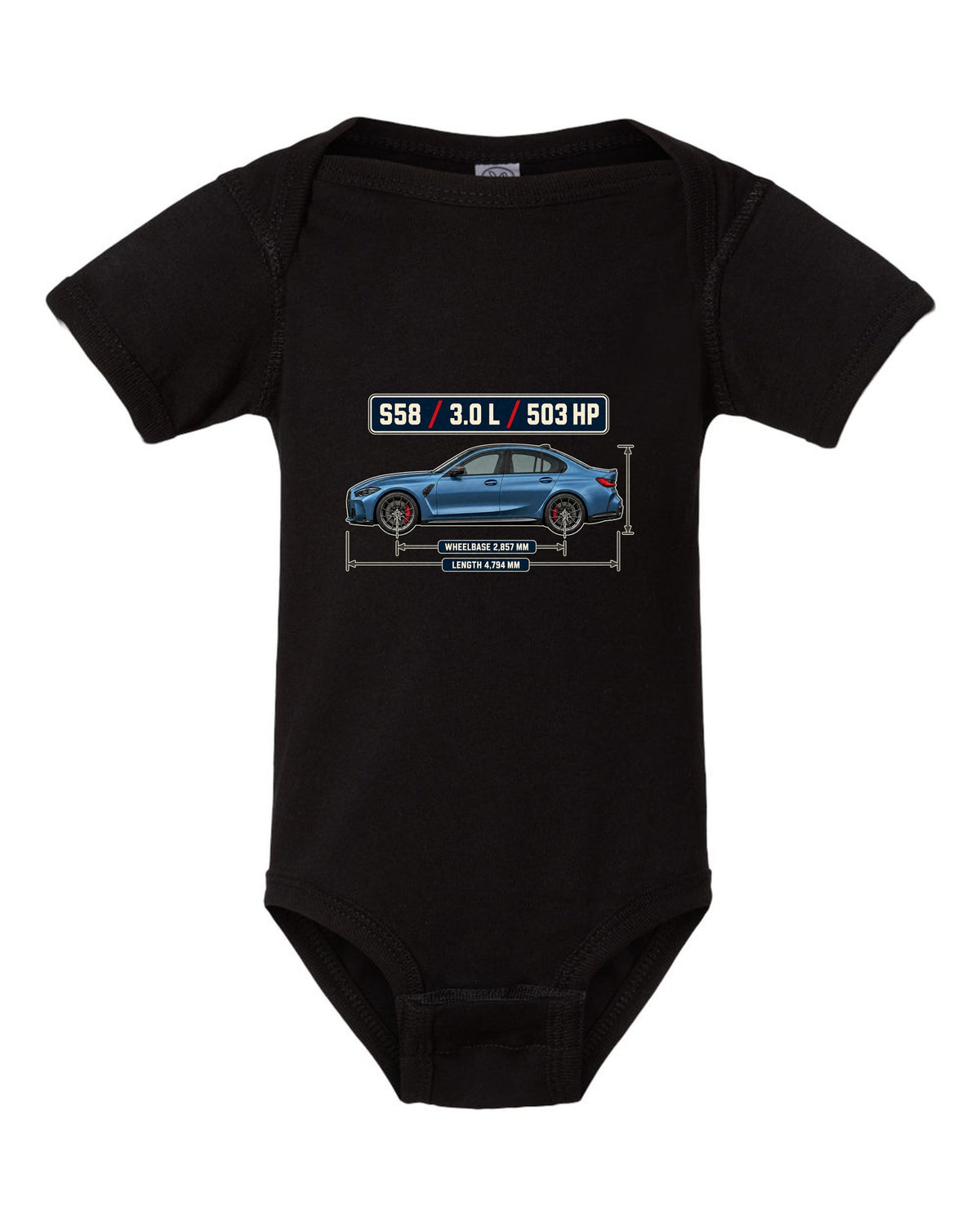 BMW M3 Competition G80 dimension blueprint print with S58 specs black baby onesie front view with the design