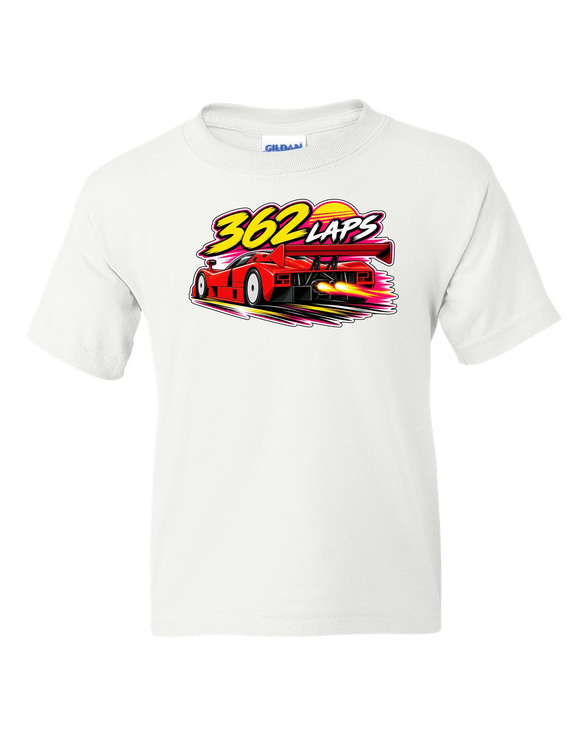 Retro 90s racing sticker-bomb collage for the Mazda 787B with 362 LAPS lettering white kids tee front view with the design