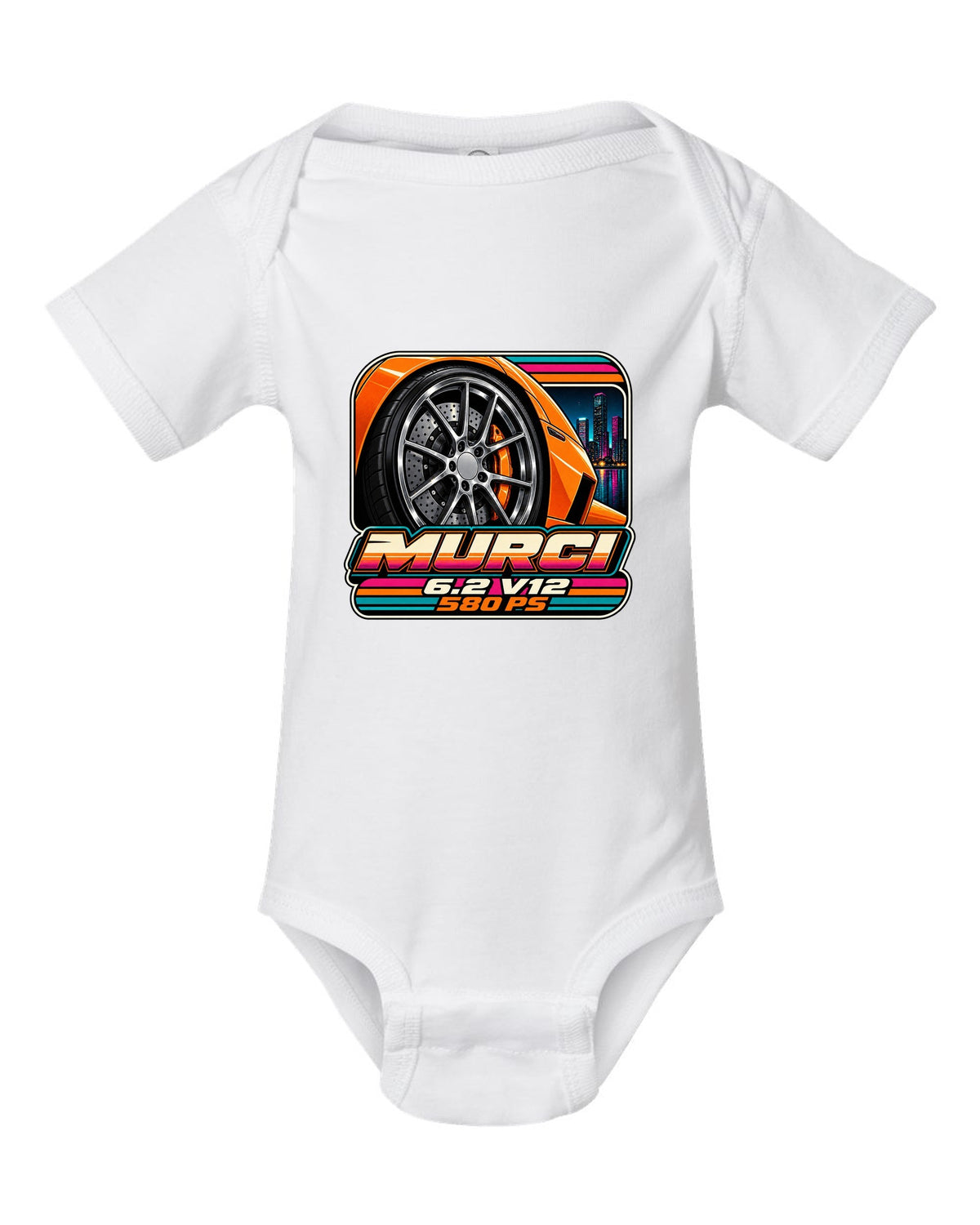 Cassette tape packaging style print of a 2001 Lamborghini Murcielago wheel with 6.2 V12 and 580 PS white baby onesie front view with the design