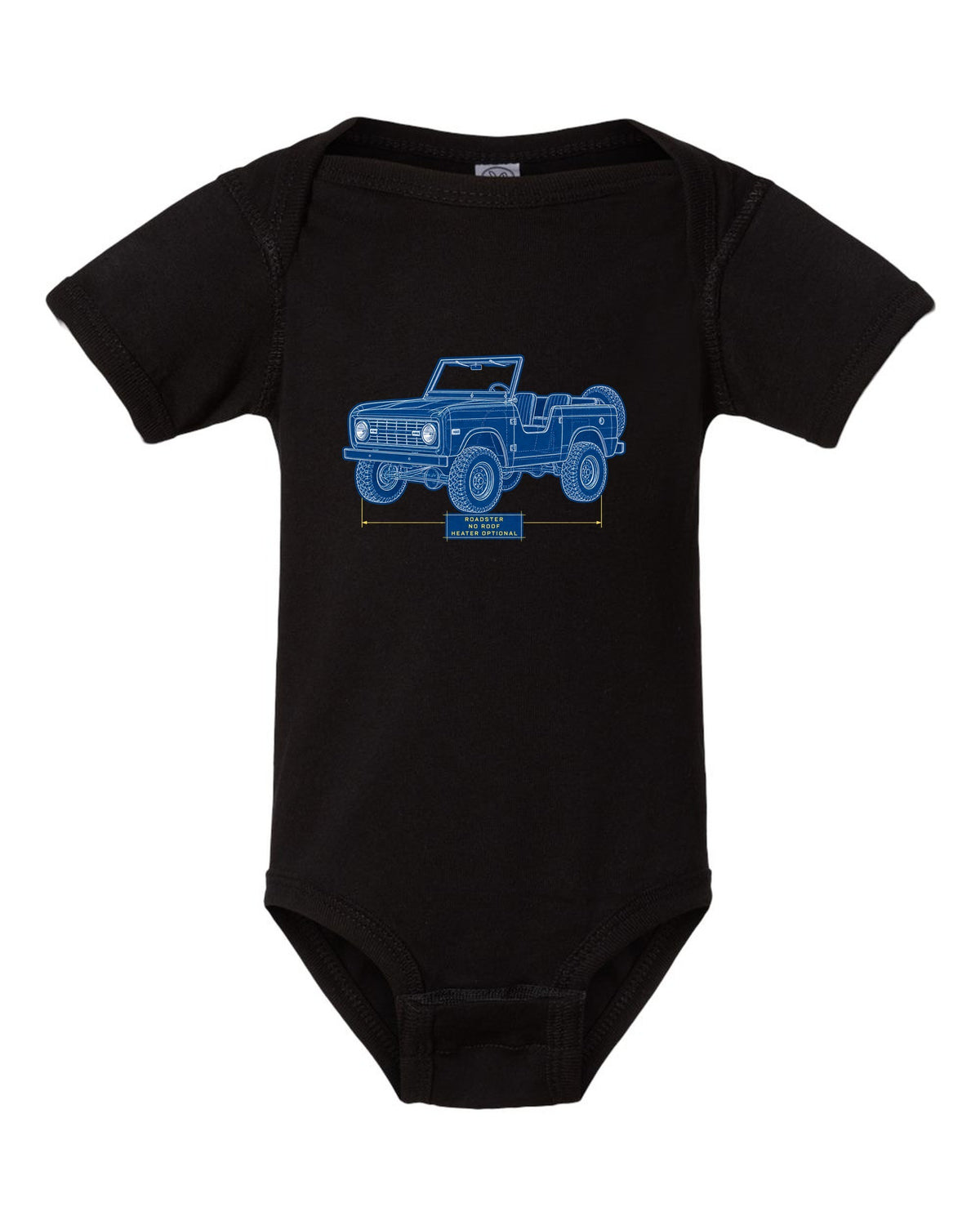 Cyanotype plan-view blueprint of a 1966 Ford Bronco U13 roadster on a trail map with NO ROOF lettering black baby onesie front view with the design