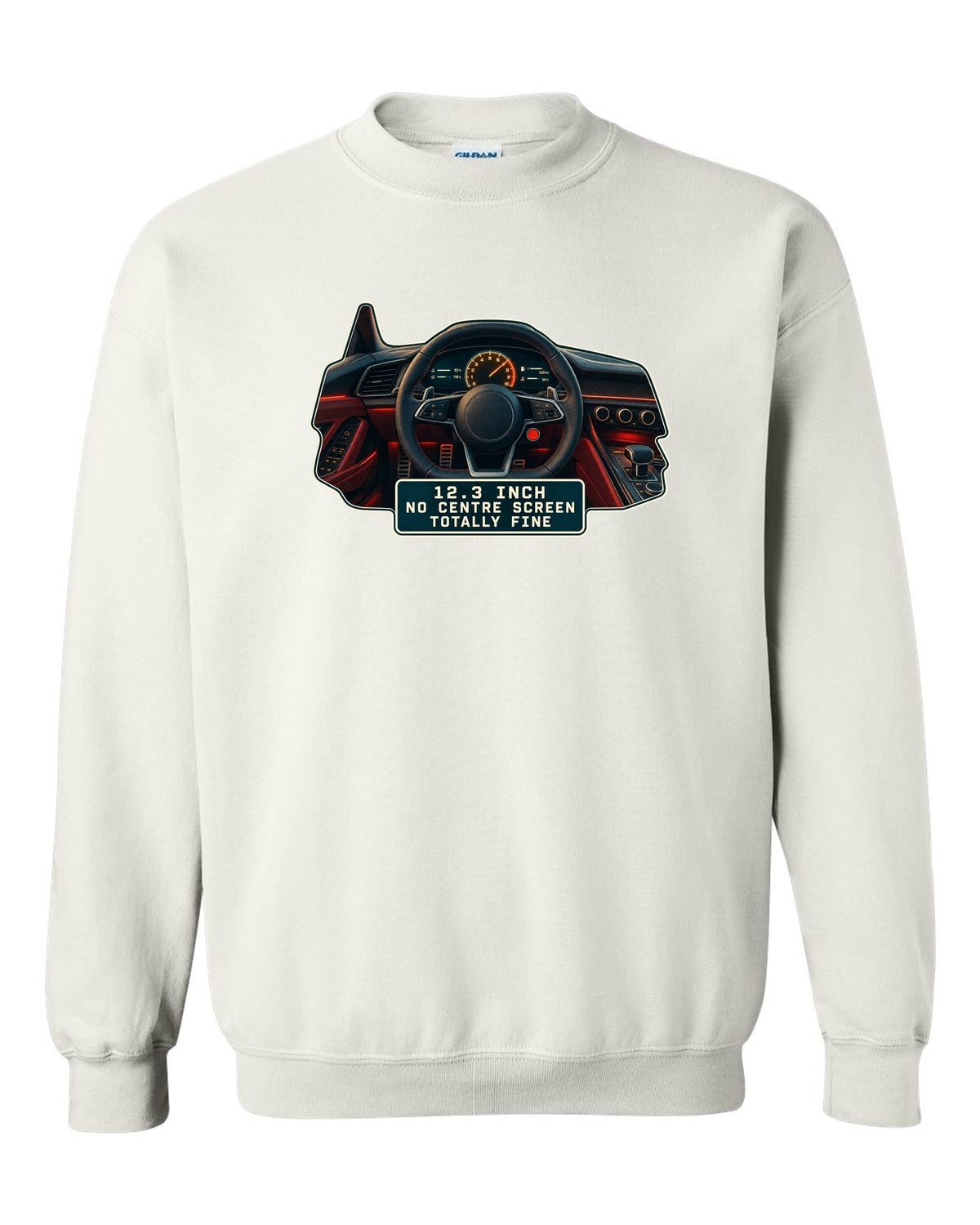 Audi R8 V10 Type 4S virtual cockpit digital gauge print design white crewneck front view with the design