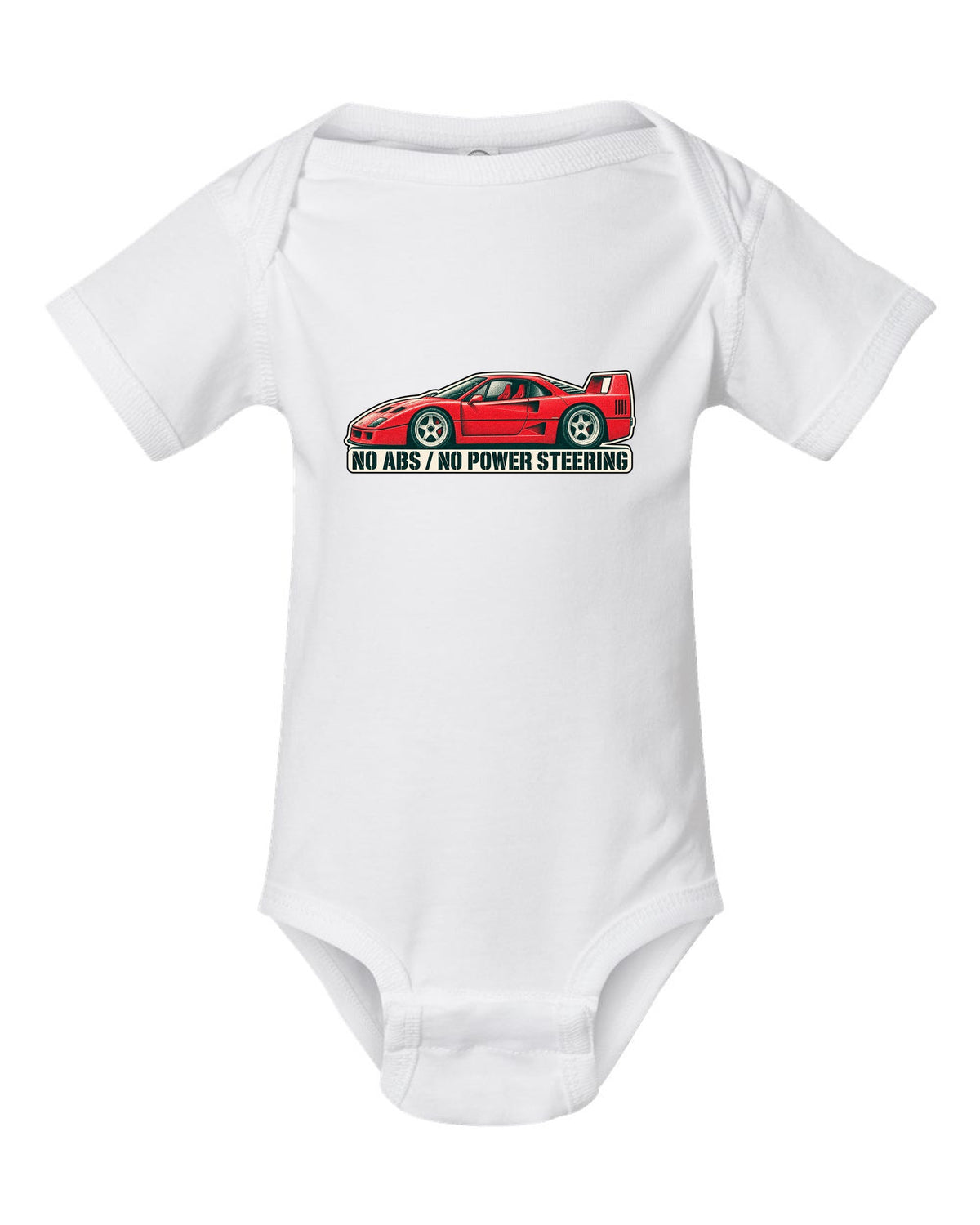 Two-colour halftone risograph print of a 1987 Ferrari F40 F120 with no ABS and no power steering text white baby onesie front view with the design
