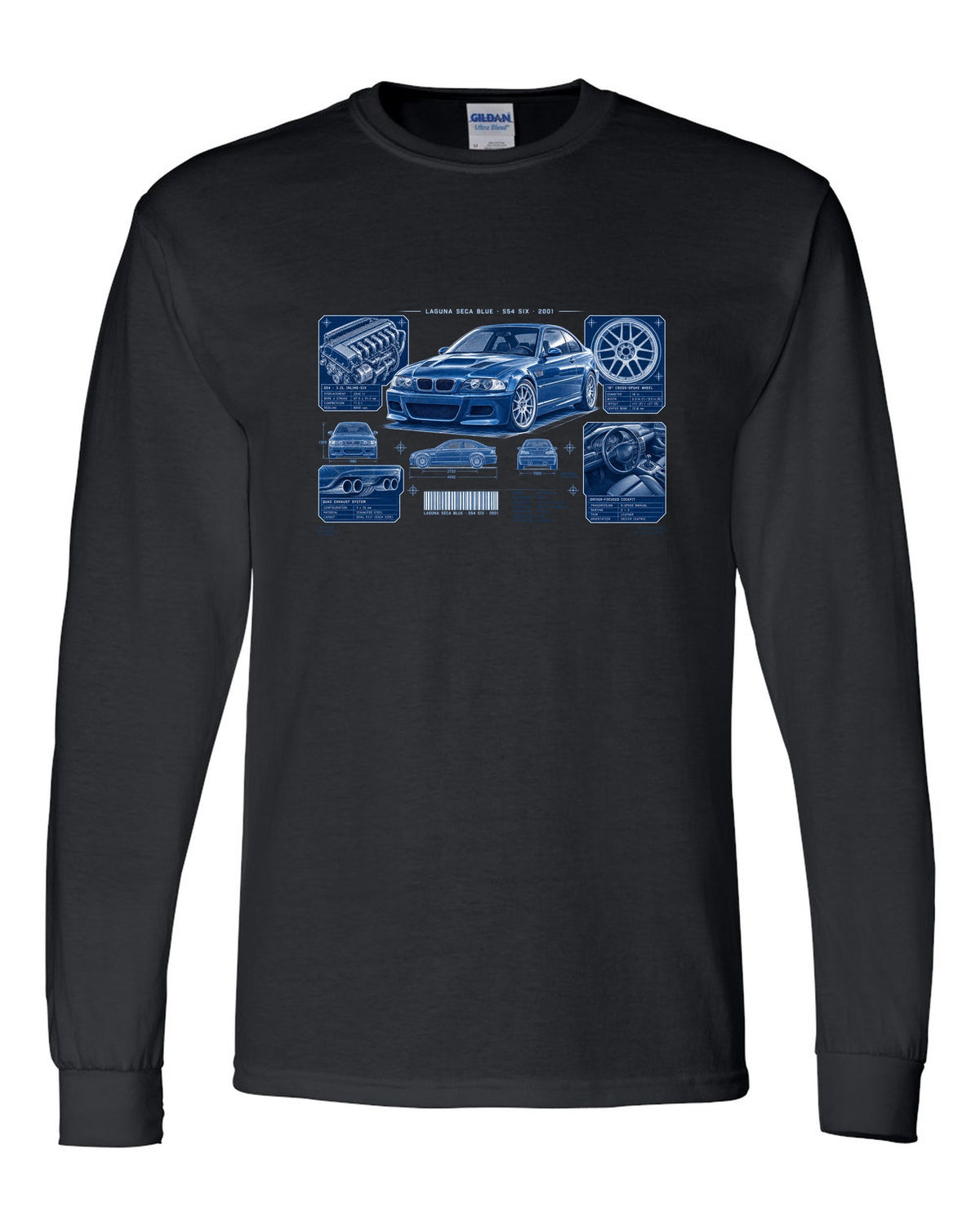 BMW E46 M3 coupe dossier panel print with Laguna Seca Blue S54 six and 2001 text black long sleeve front view with the design