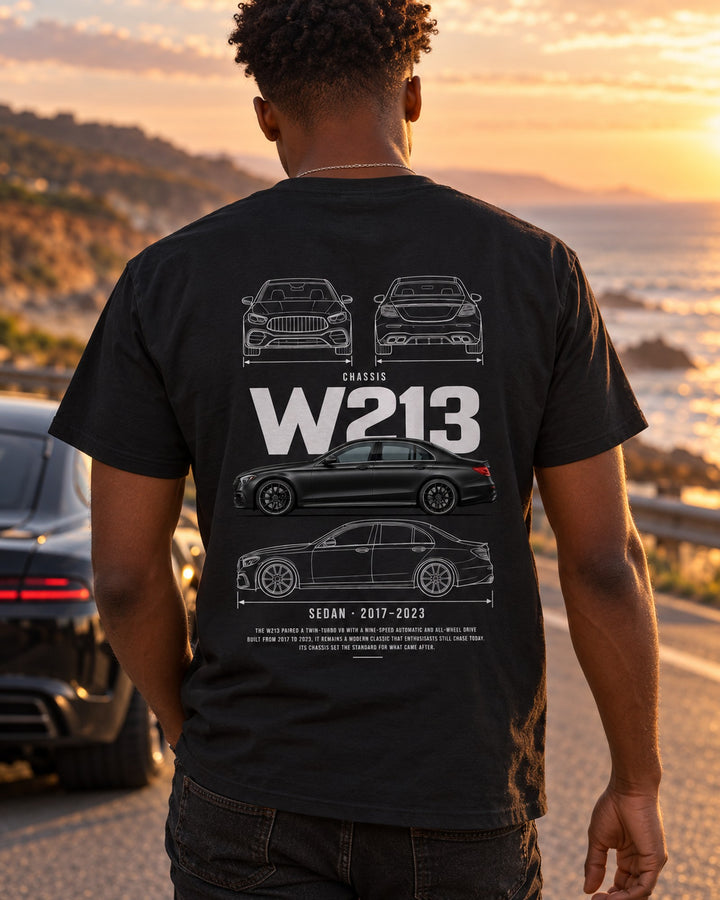 Mercedes E63 S AMG (W213) sedan Blueprint Full-Back Graphic Tee, W213 Chassis Code T-Shirt Black worn hero