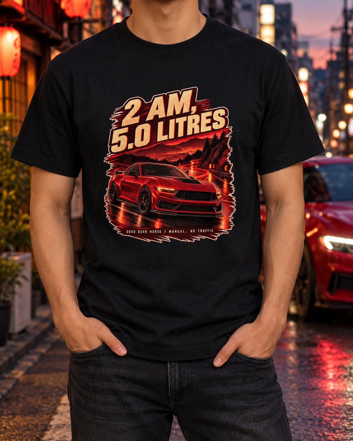 Ford Mustang S650 Dark Horse Night Street print Tee T-Shirt Black worn hero