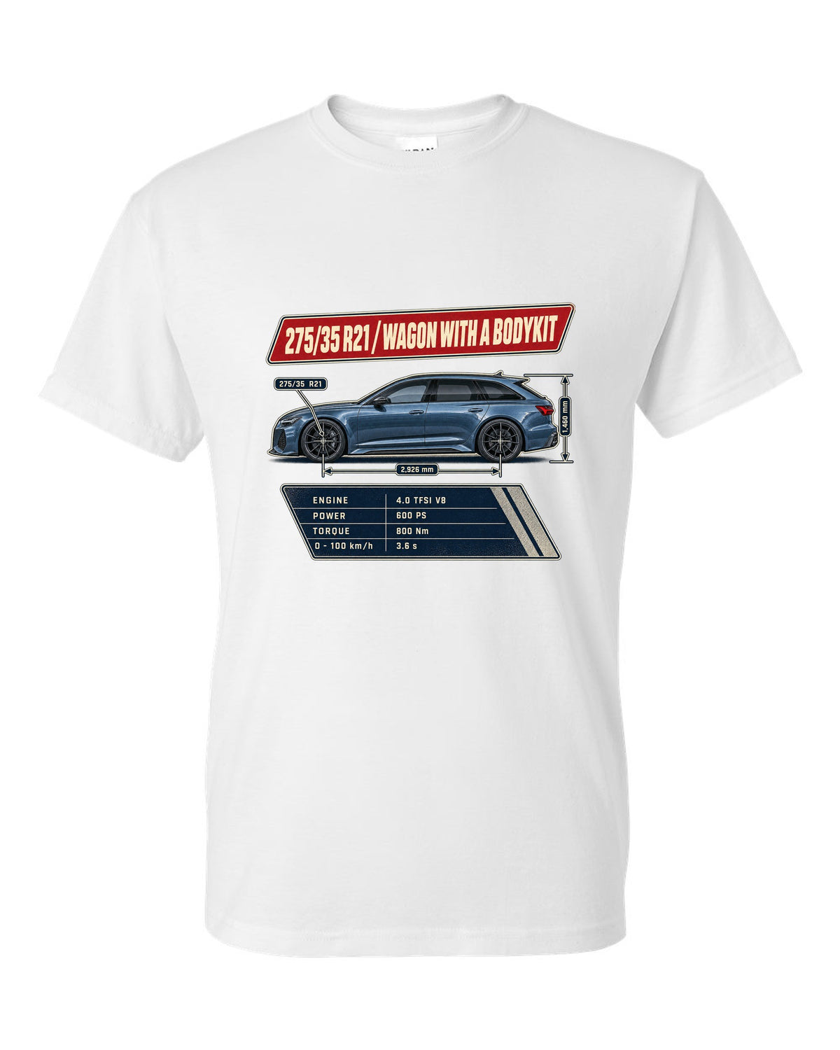 Spec poster for the Audi RS6 Avant C8 listing 275/35 R21 tyres white t-shirt front view with the design