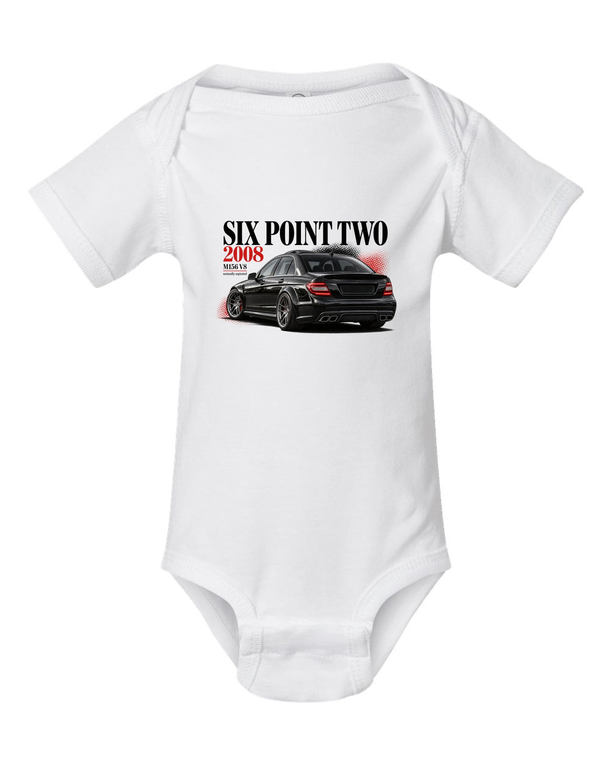 print editorial headline of a 2008 Mercedes C63 AMG W204 sedan with text Six Point Two 2008 white baby onesie front view with the design