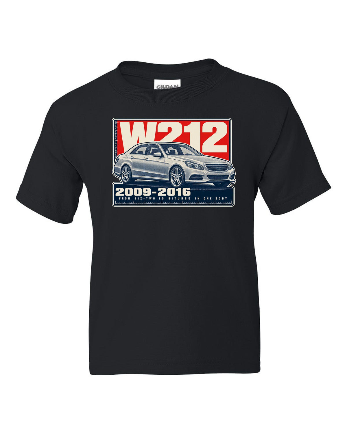 Halftone print of a Mercedes-AMG E63 W212 sedan black kids tee front view with the design
